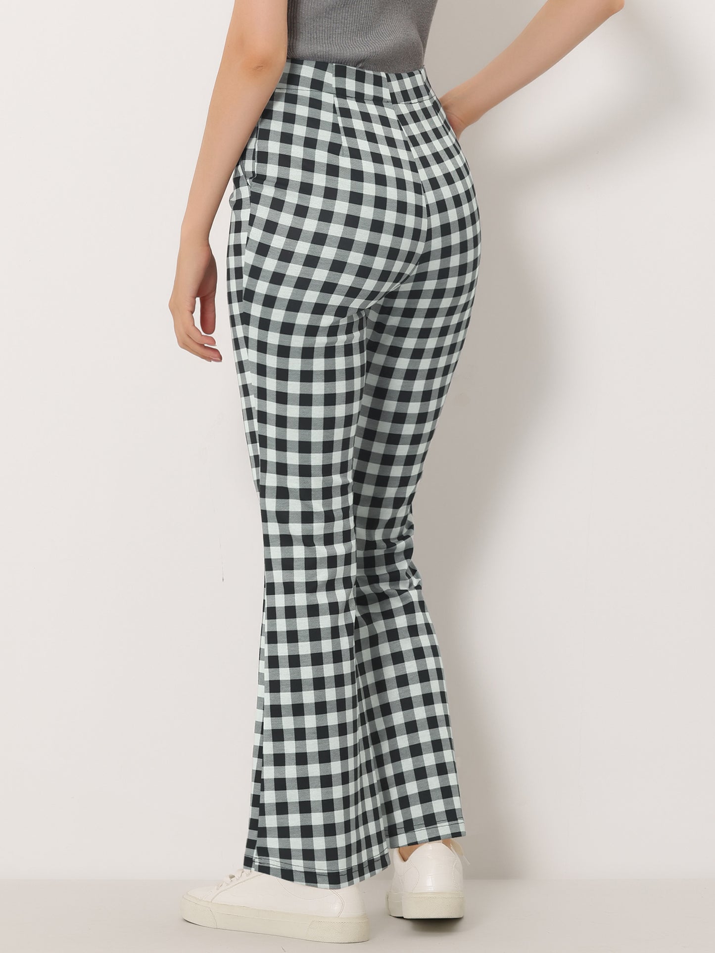 Women's Plaid High Waist Bell Bottom Pants Stretchy Flare Leg Trousers