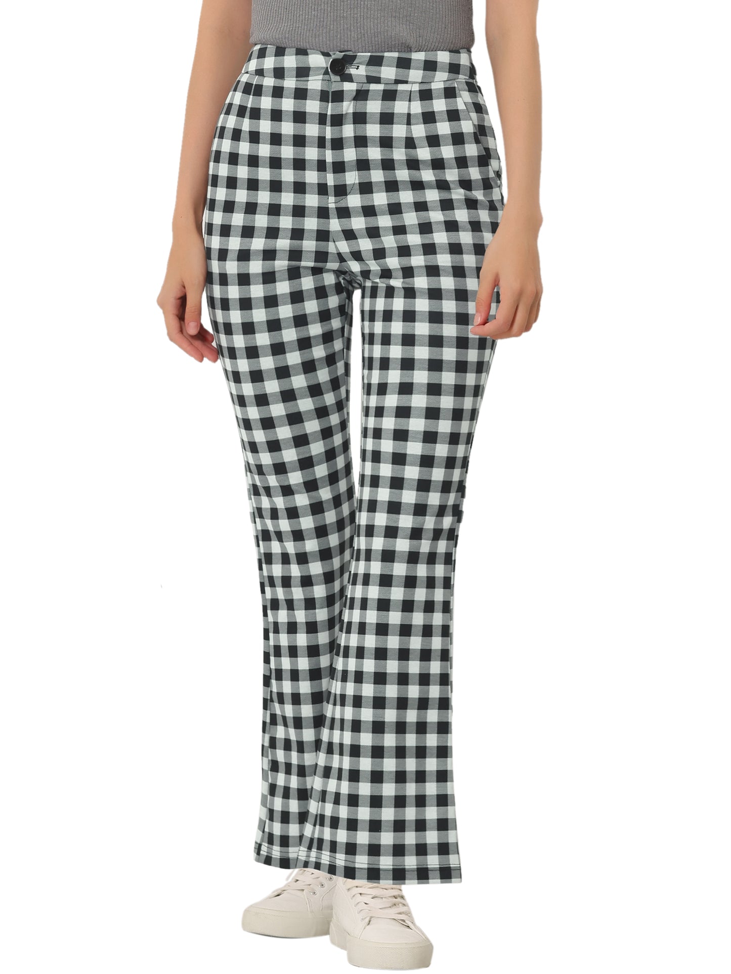 Women's Plaid High Waist Bell Bottom Pants Stretchy Flare Leg Trousers