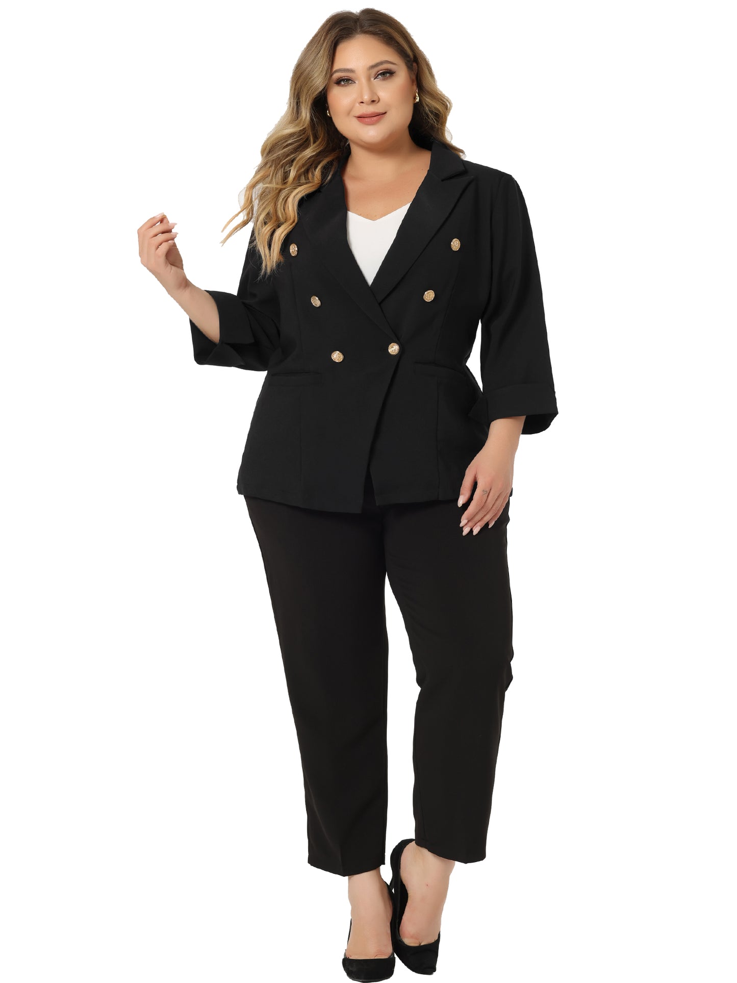 Women Plus Size Business Suit Blazer Office Work Button 3/4 Sleeve Black Blazers Jackets
