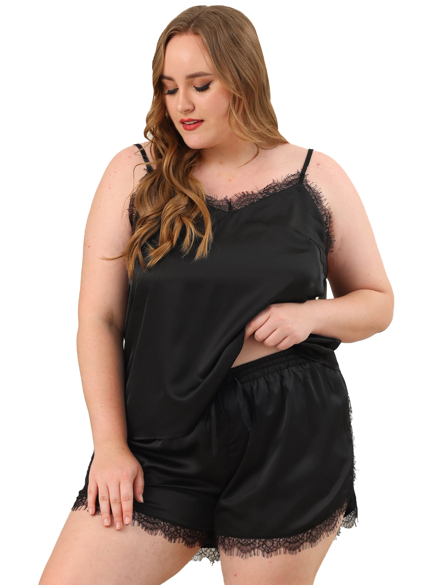 Women's Plus Size Satin Lace Panel Cami Top and Shorts Sleepwear 2 Pieces Pajamas Set