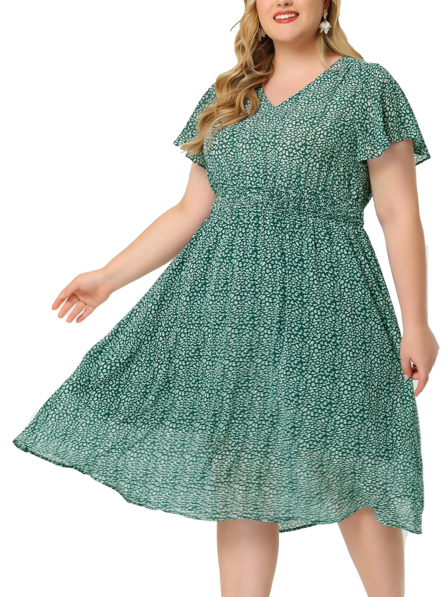 Women's Plus Size Summer Dress Floral Print V Neck Smocked A-Line Flowy Midi Dress