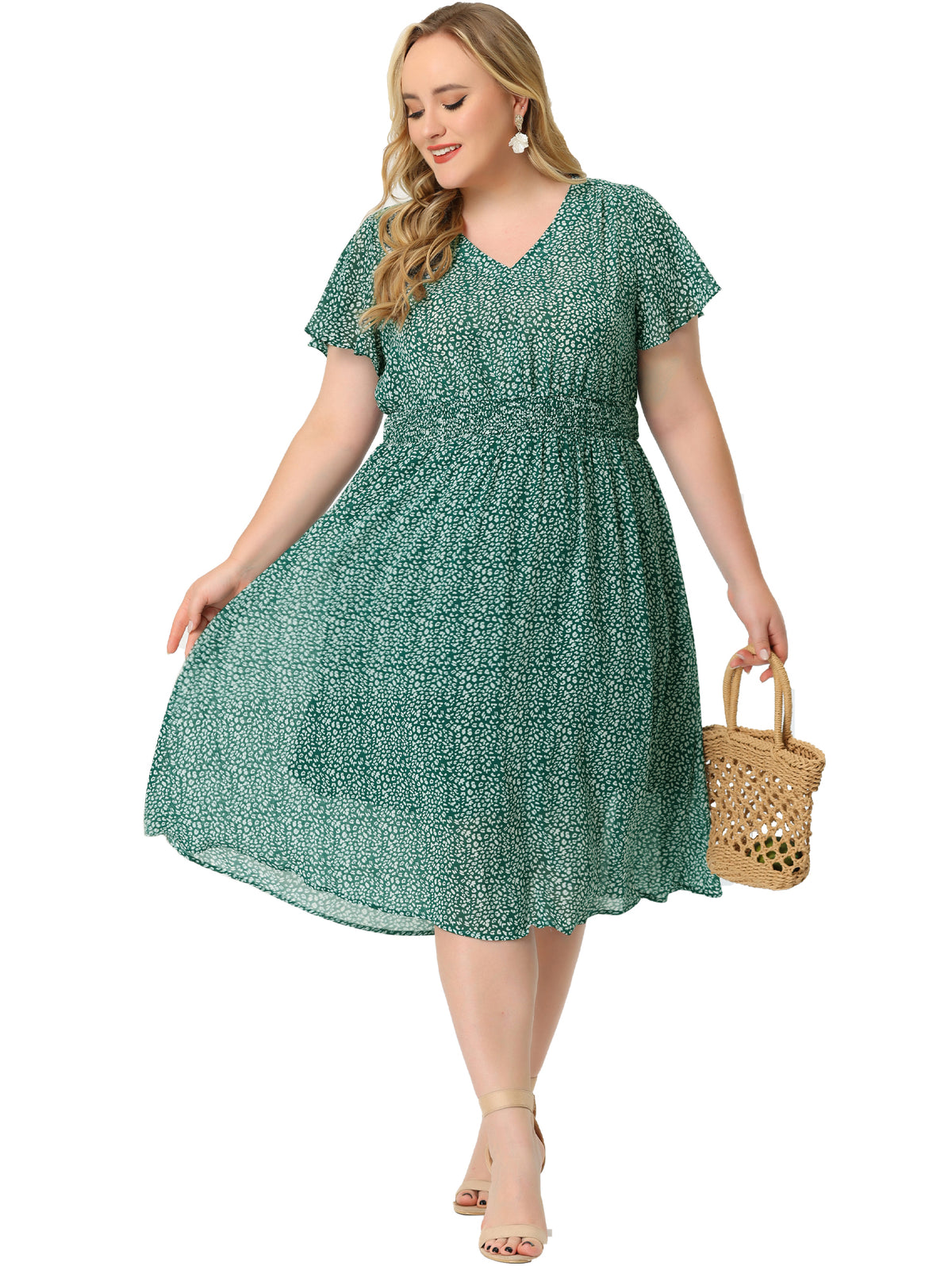 Women's Plus Size Summer Floral Print V Neck Smocked A-Line Flowy Midi Dress