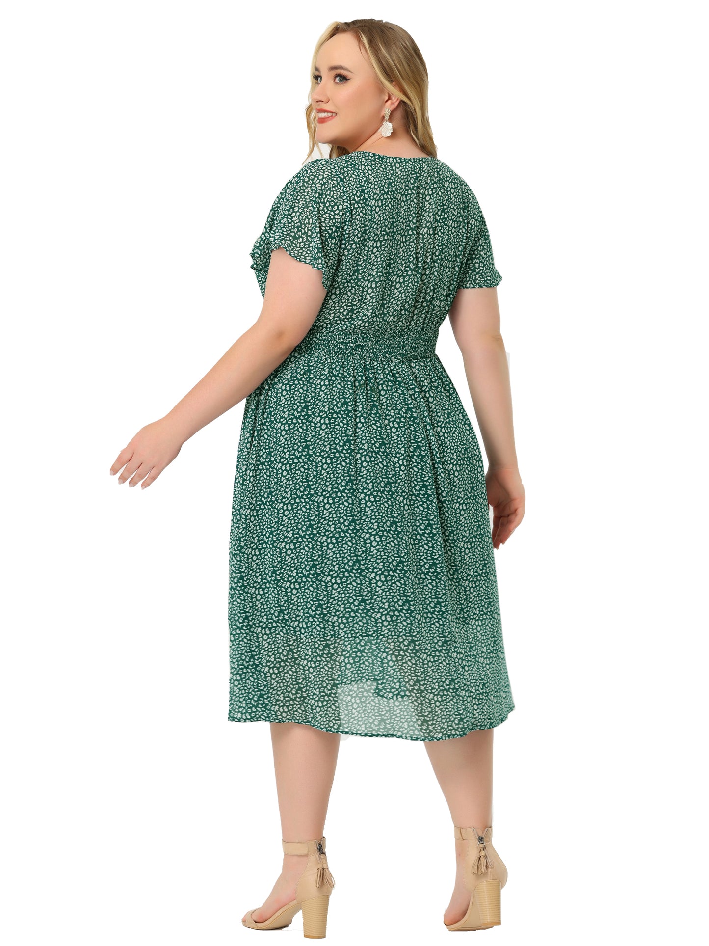 Women's Plus Size Summer Dress Floral Print V Neck Smocked A-Line Flowy Midi Dress