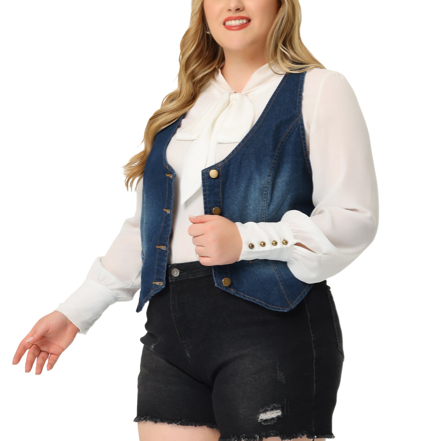 Women Plus Size Denim Vest Jean Top Button Down Waistcoat Casual Sleeveless Jacket