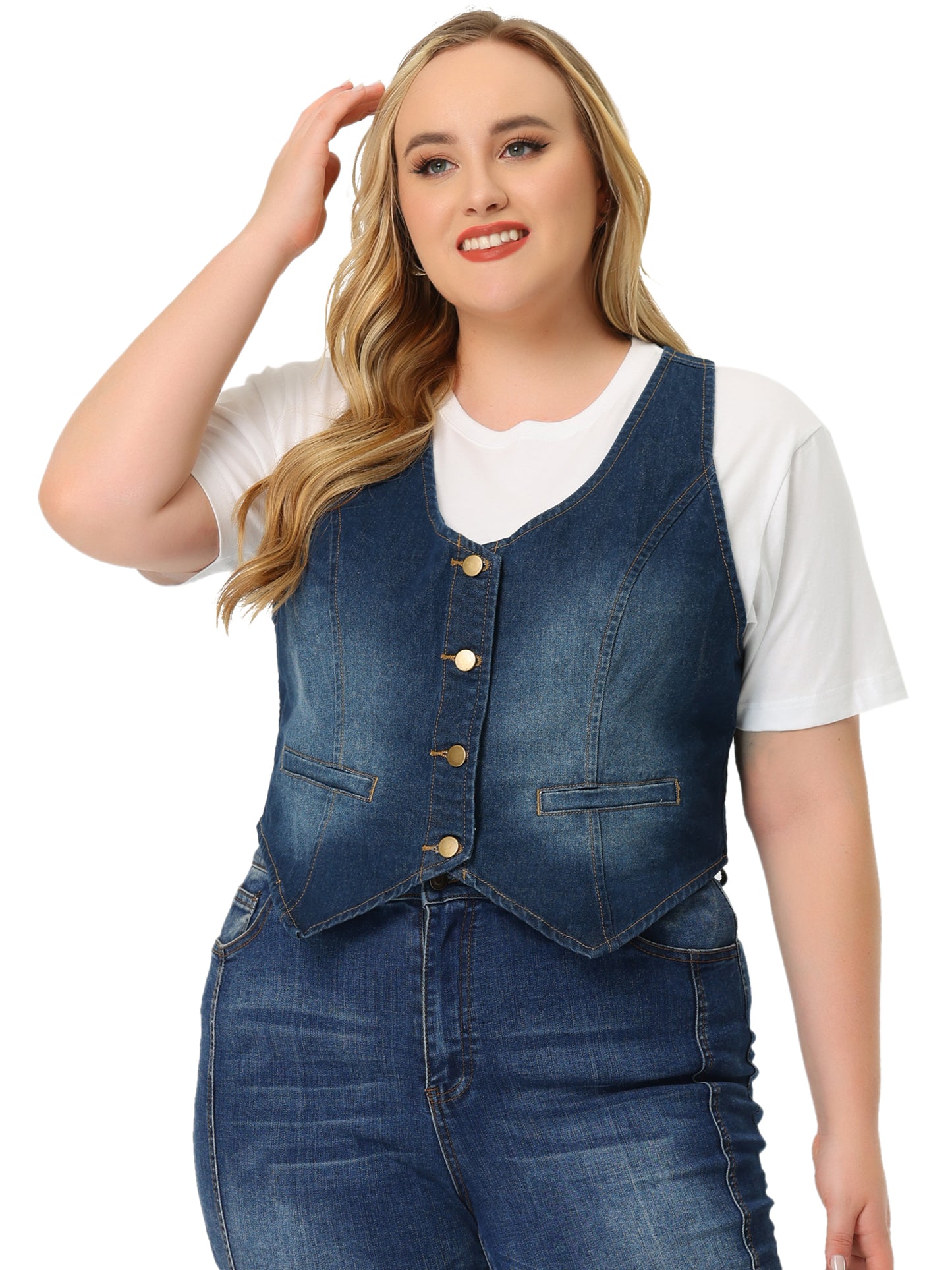 Women Plus Size Denim Vest Jean Top Button Down Waistcoat Casual Sleeveless Jacket