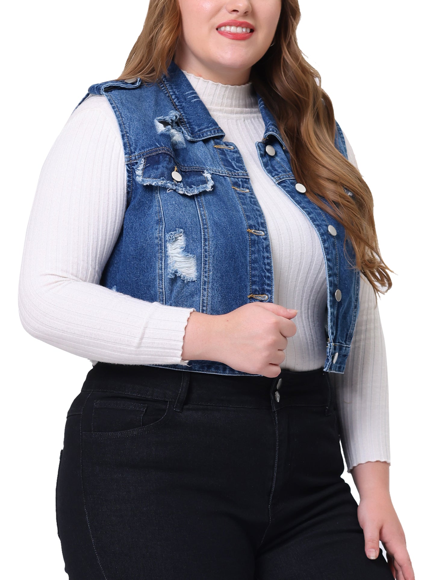 Women Plus Size Denim Vest Sleeveless Button Jean Crop Denim Jacket Vest