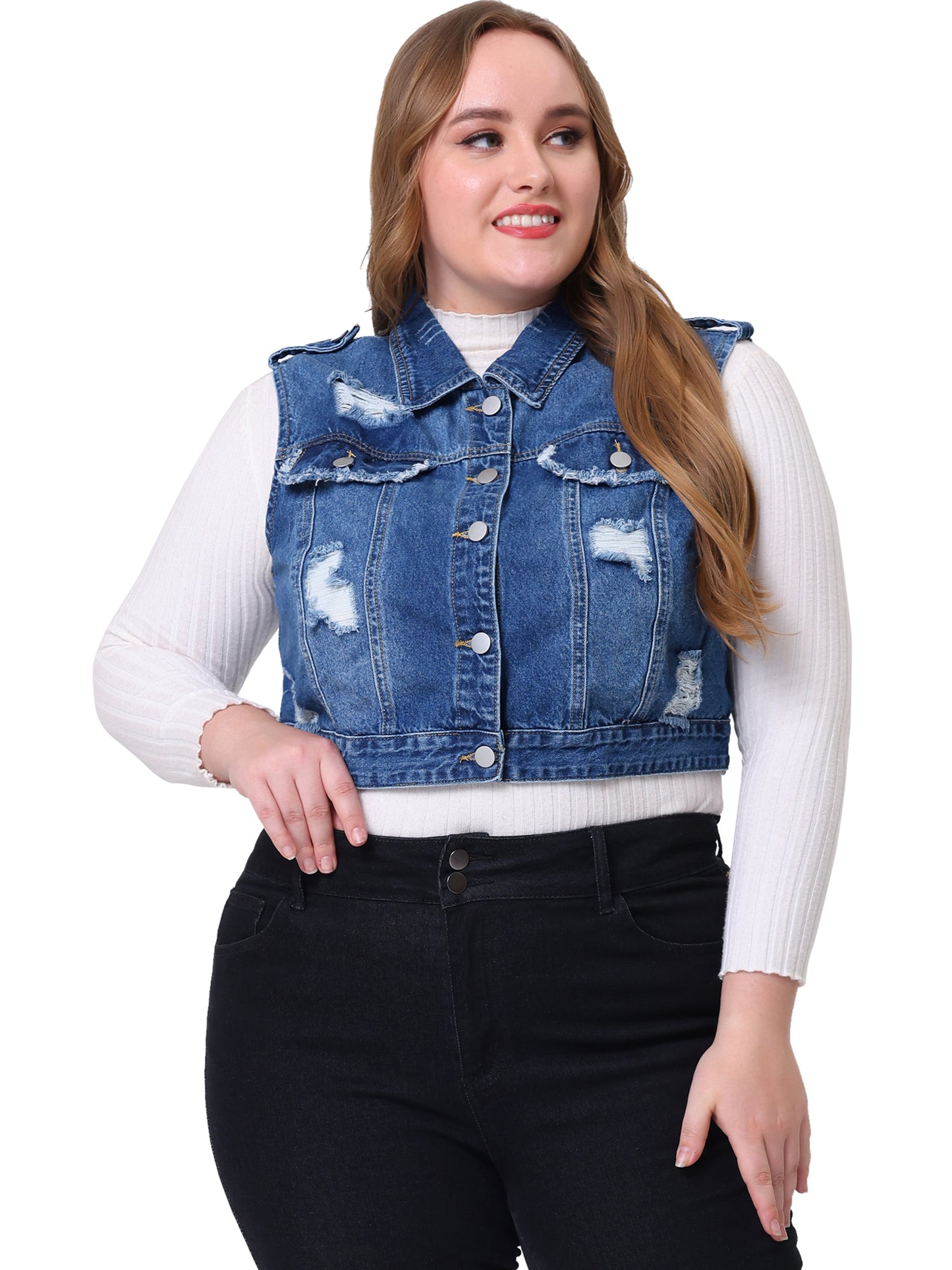 Women Plus Size Denim Vest Sleeveless Button Jean Crop Denim Jacket Vest