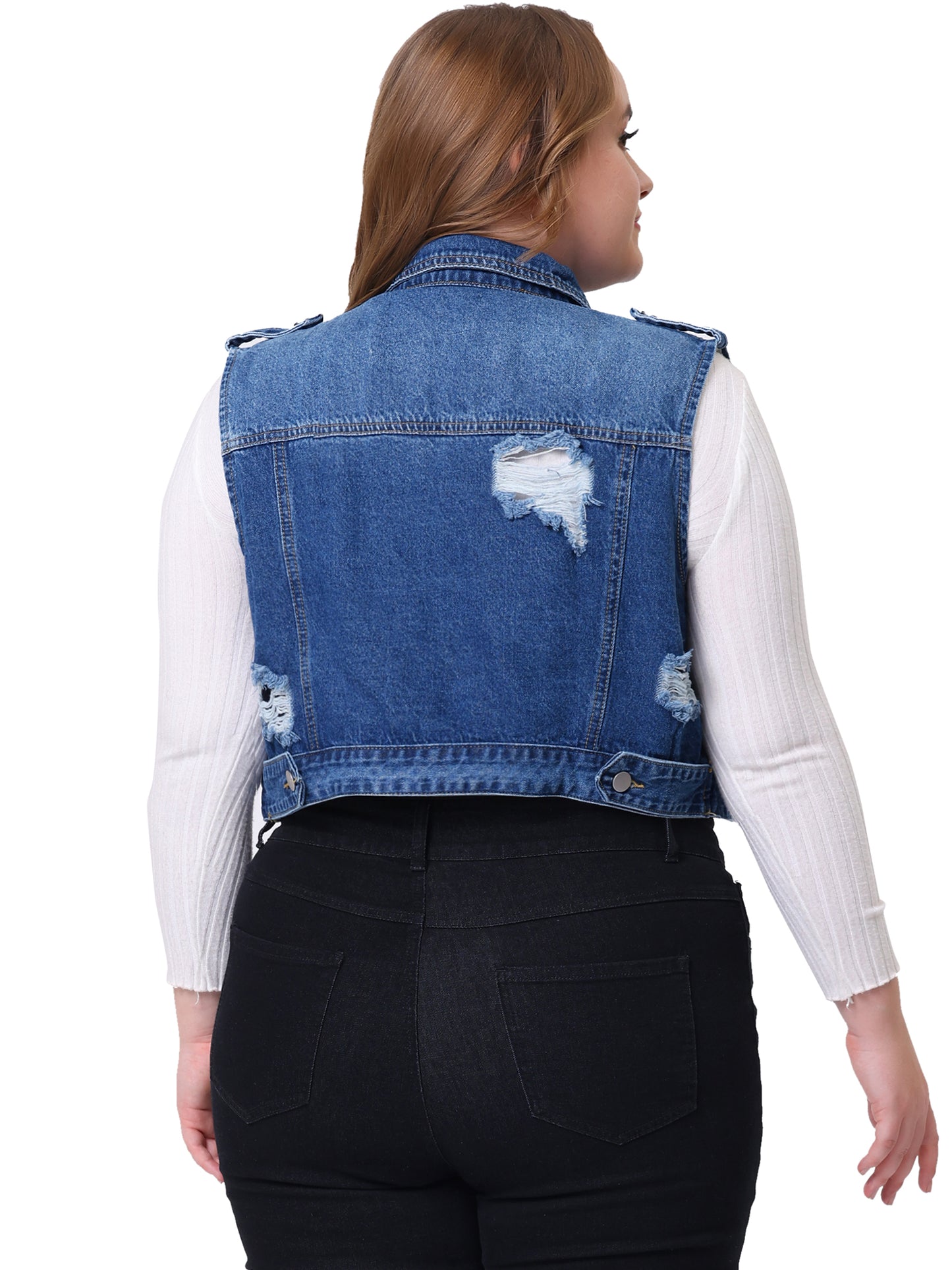 Women Plus Size Denim Vest Sleeveless Button Jean Crop Denim Jacket Vest