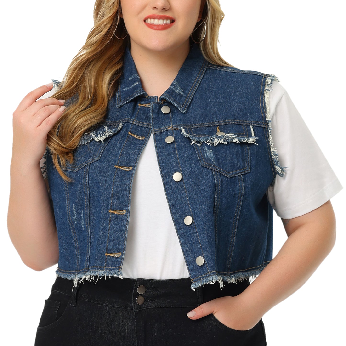 Women Plus Size Denim Jacket Button Down Distressed Sleeveless Jean Vest