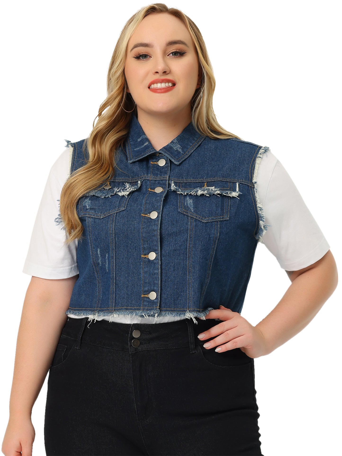 Women Plus Size Denim Jacket Button Down Distressed Sleeveless Jean Vest