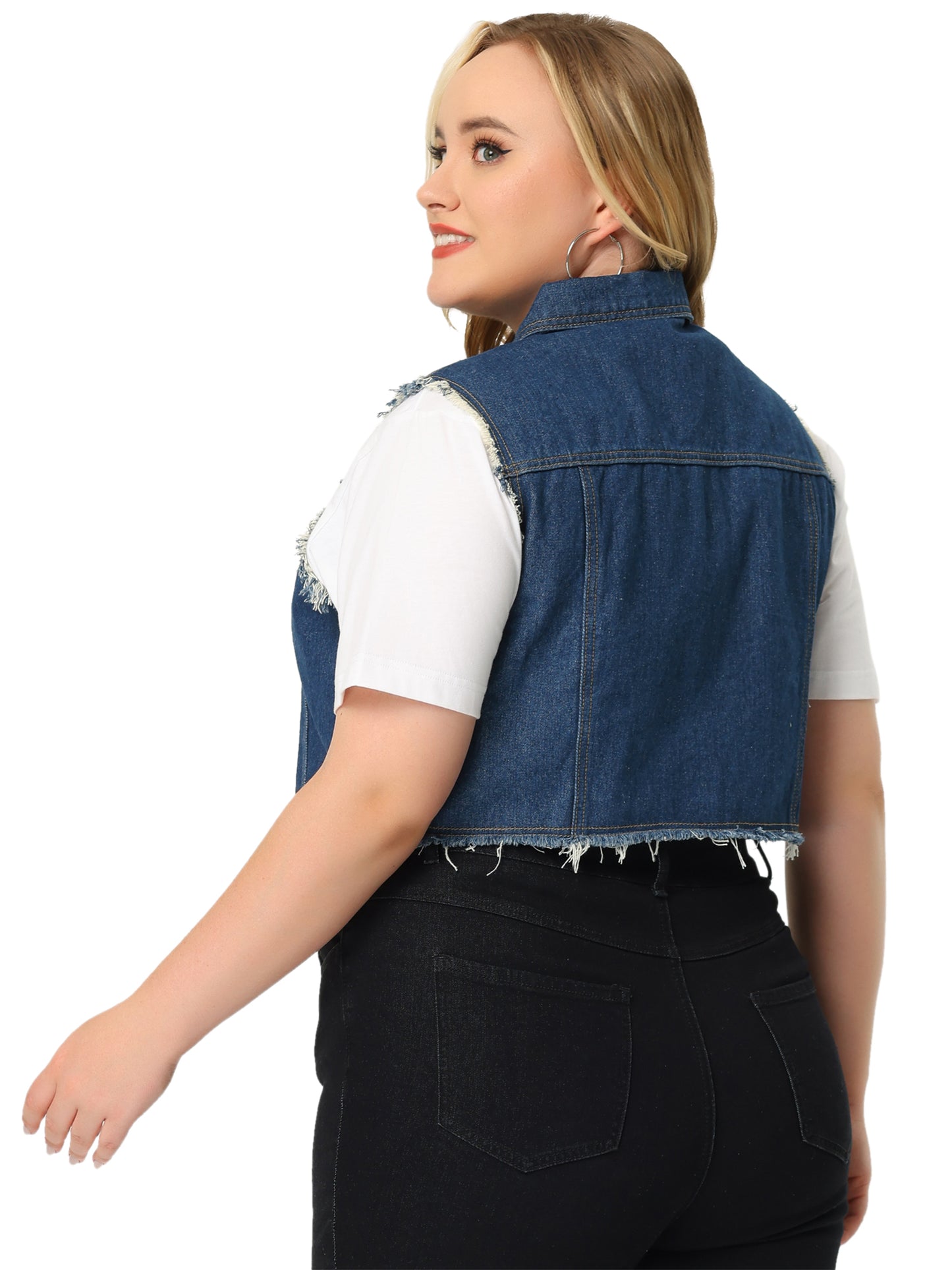 Women Plus Size Denim Jacket Button Down Distressed Sleeveless Jean Vest