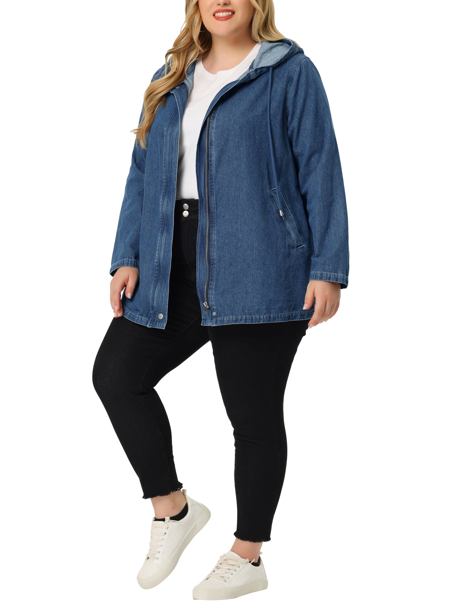 Women Plus Size Denim Jackets with Hood Layered Drawstring Utility Pockets Jean Jacket