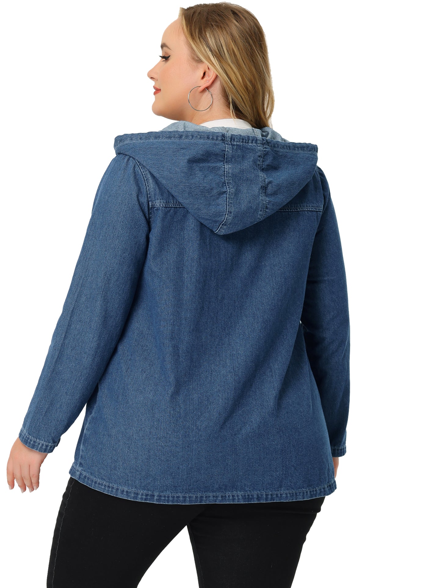 Women Plus Size Denim Jackets with Hood Layered Drawstring Utility Pockets Jean Jacket