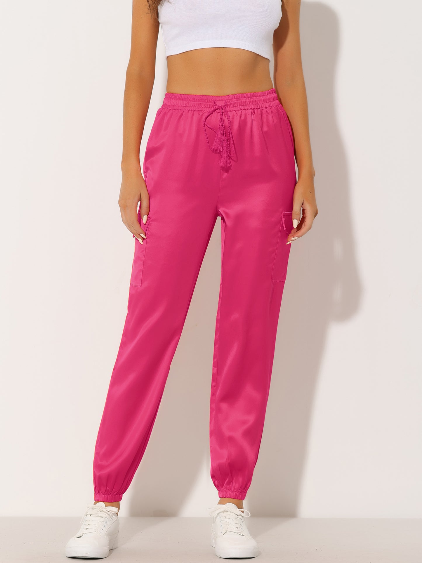 Women's Satin Joggers Drawstring Elastic Athleisure Pants High Waist Shiny Silky Satin Cargo Pants