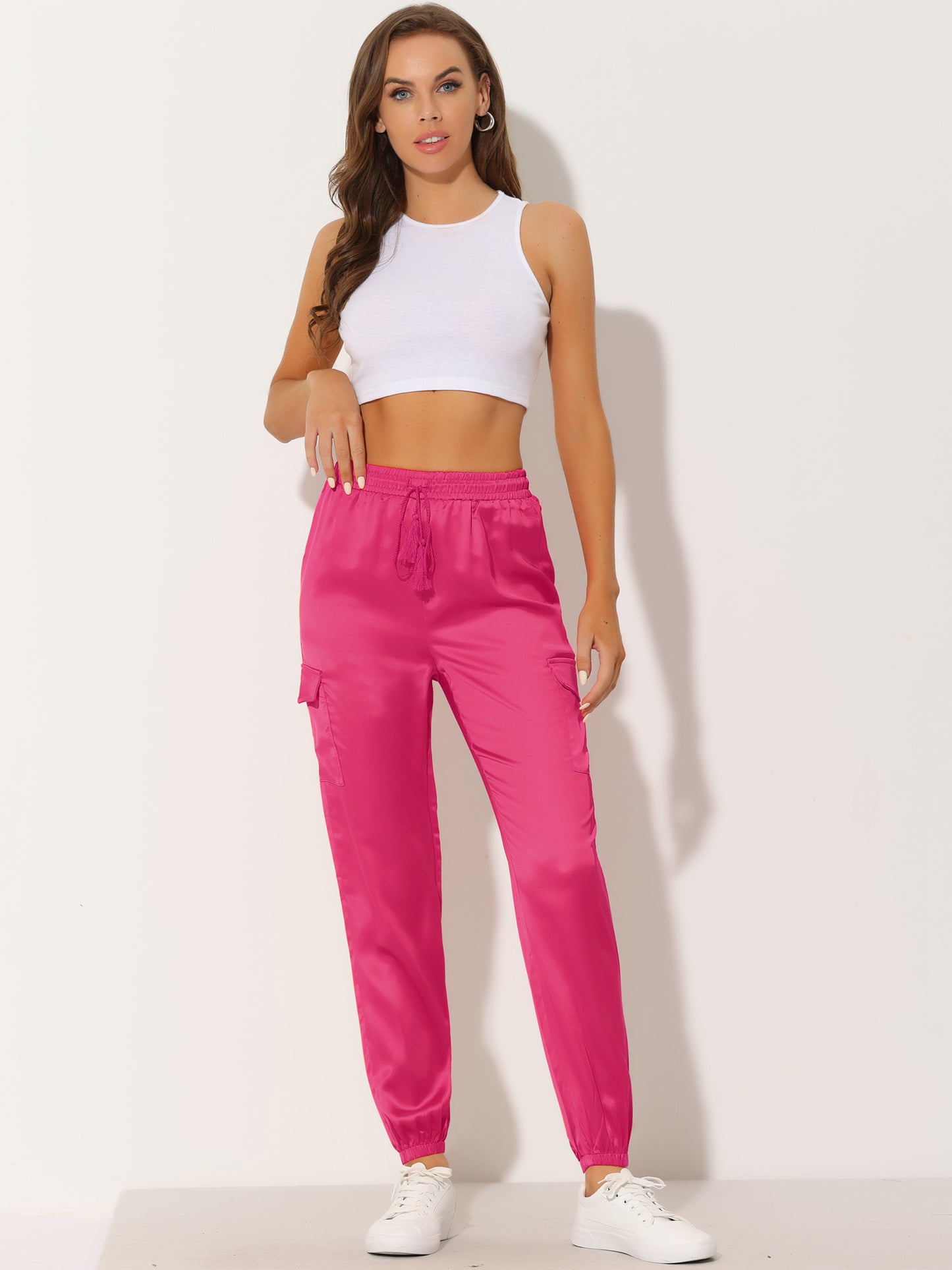 Women's Satin Joggers Drawstring Elastic Athleisure Pants High Waist Shiny Silky Satin Cargo Pants