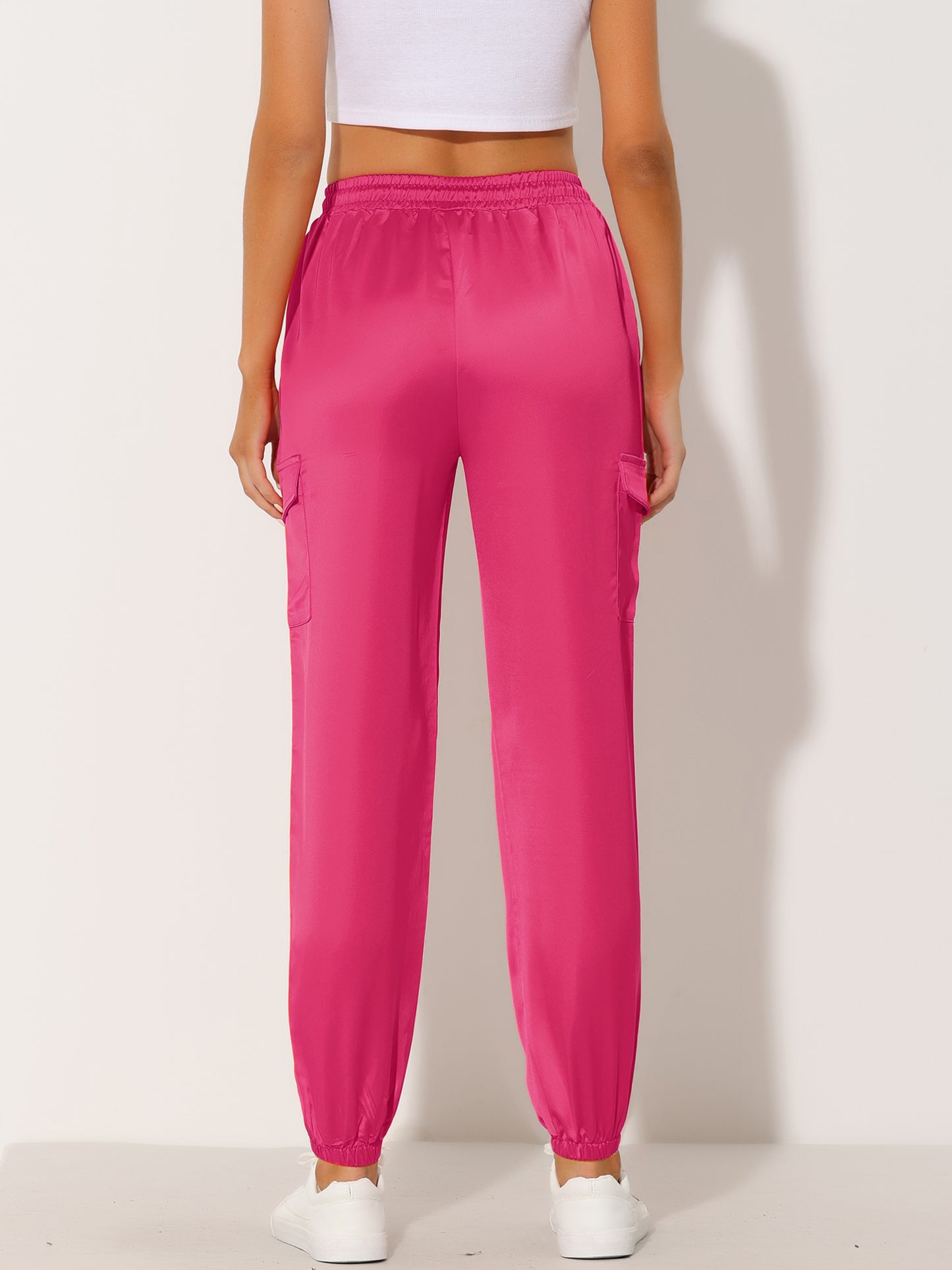 Women's Satin Joggers Drawstring Elastic Athleisure Pants High Waist Shiny Silky Satin Cargo Pants