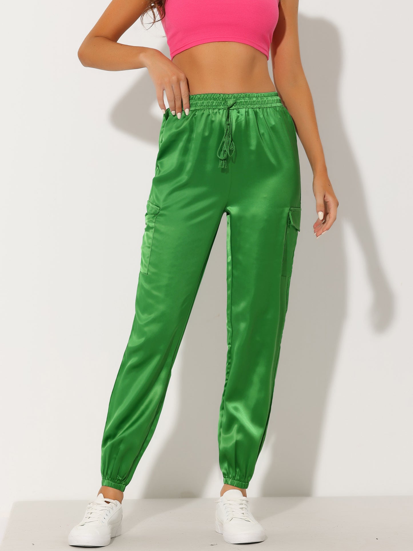 Women's Satin Joggers Drawstring Elastic Athleisure Pants High Waist Shiny Silky Satin Cargo Pants
