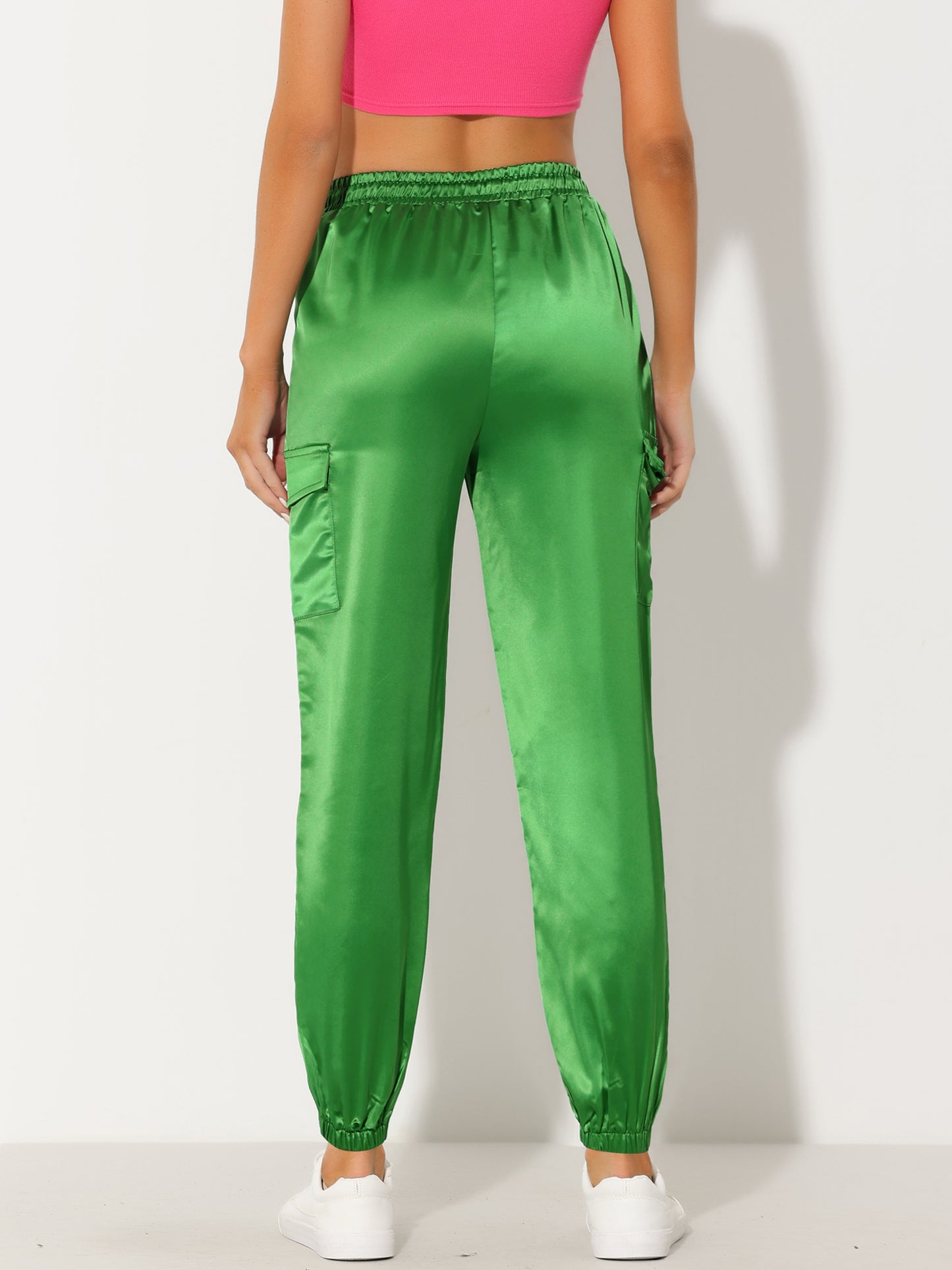 Women's Satin Joggers Drawstring Elastic Athleisure Pants High Waist Shiny Silky Satin Cargo Pants