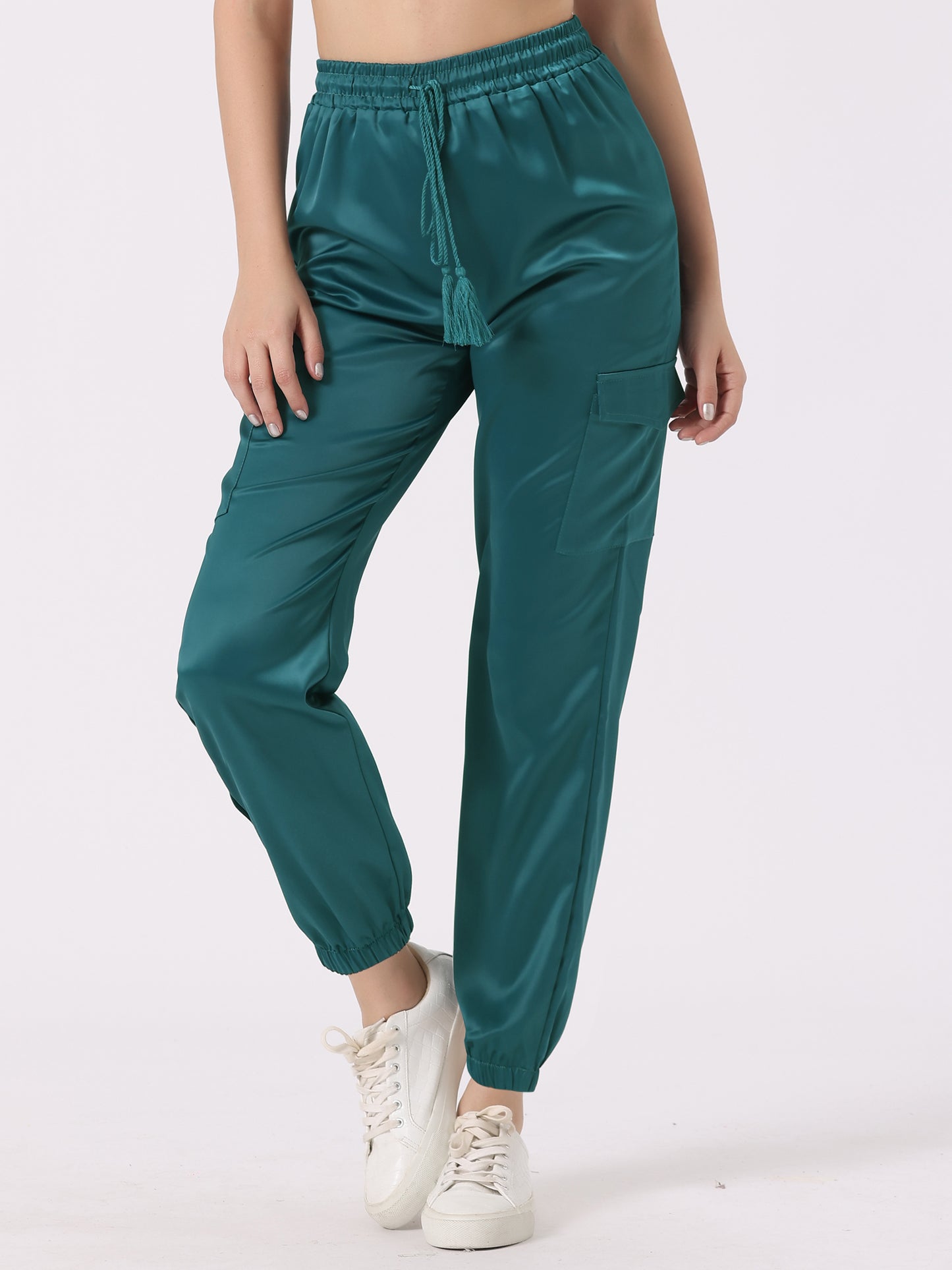 Women's Satin Joggers Drawstring Elastic Athleisure Pants High Waist Shiny Silky Satin Cargo Pants