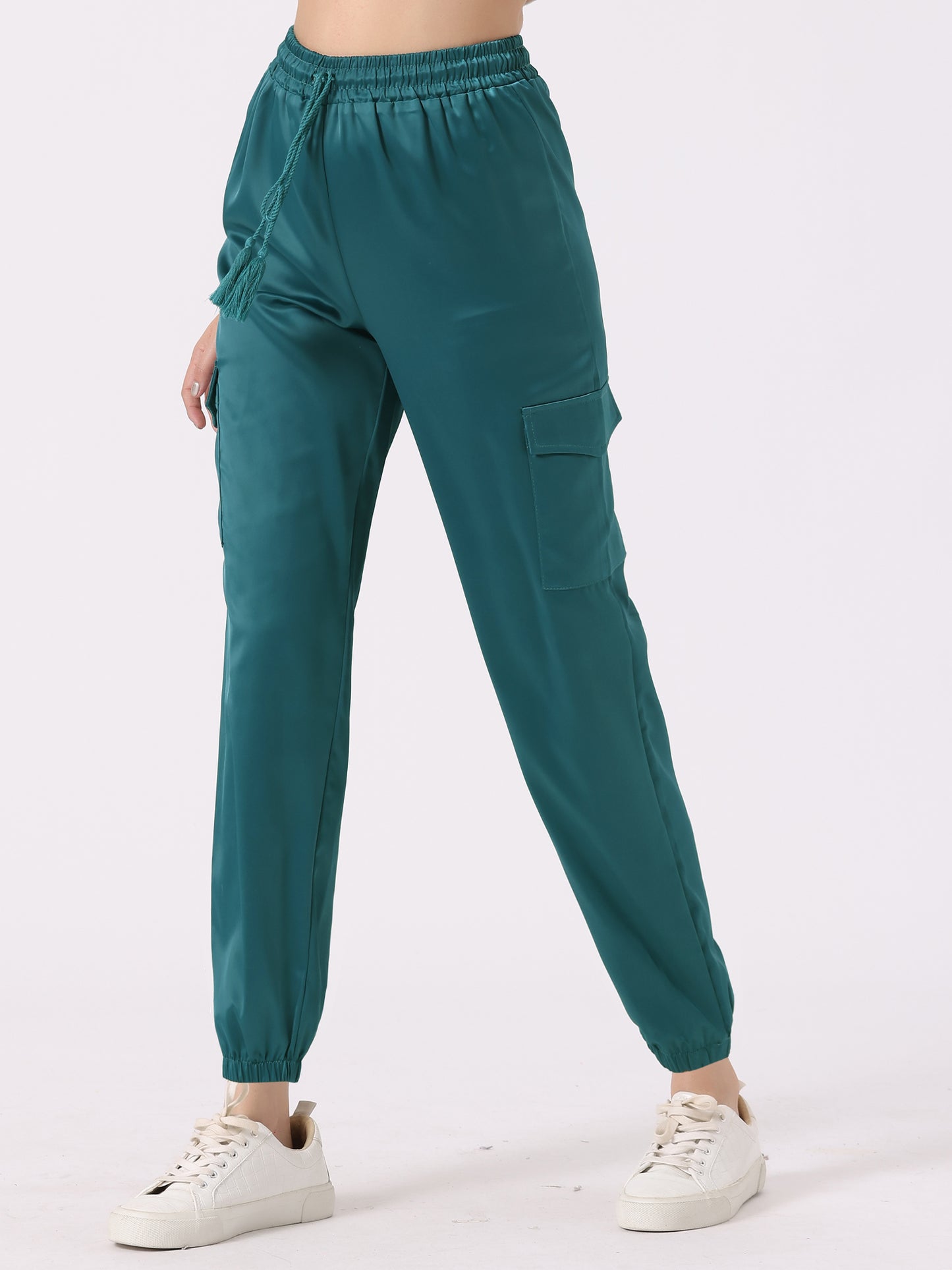Women's Satin Joggers Drawstring Elastic Athleisure Pants High Waist Shiny Silky Satin Cargo Pants