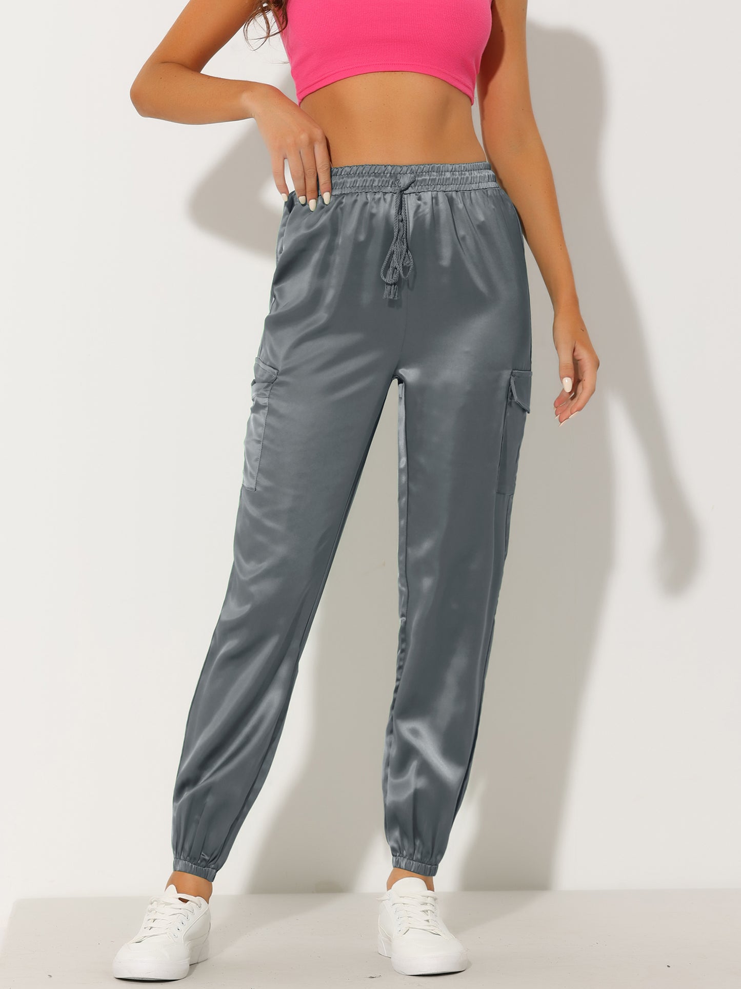 Women's Satin Joggers Drawstring Elastic Athleisure Pants High Waist Shiny Silky Satin Cargo Pants