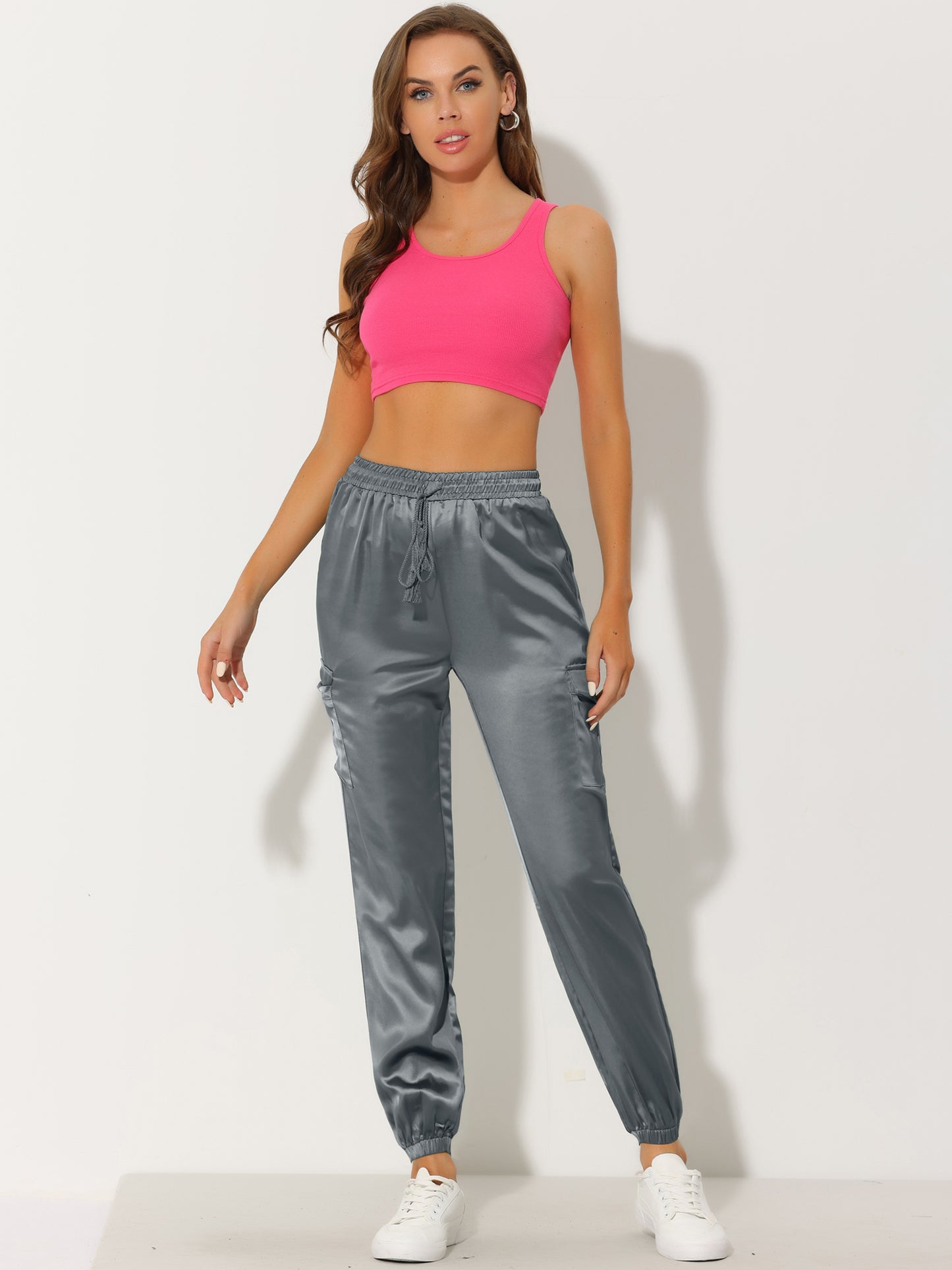 Women's Satin Joggers Drawstring Elastic Athleisure Pants High Waist Shiny Silky Satin Cargo Pants
