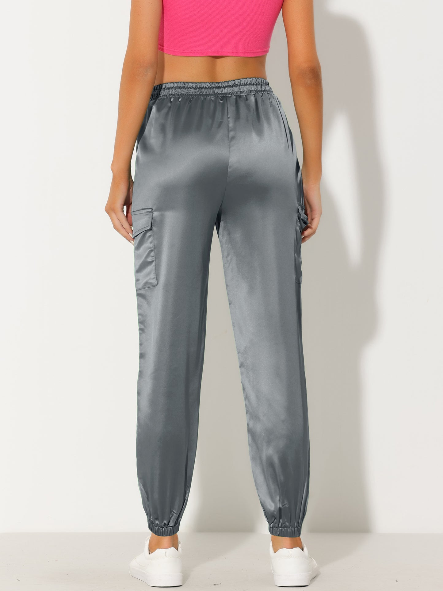 Women's Satin Joggers Drawstring Elastic Athleisure Pants High Waist Shiny Silky Satin Cargo Pants