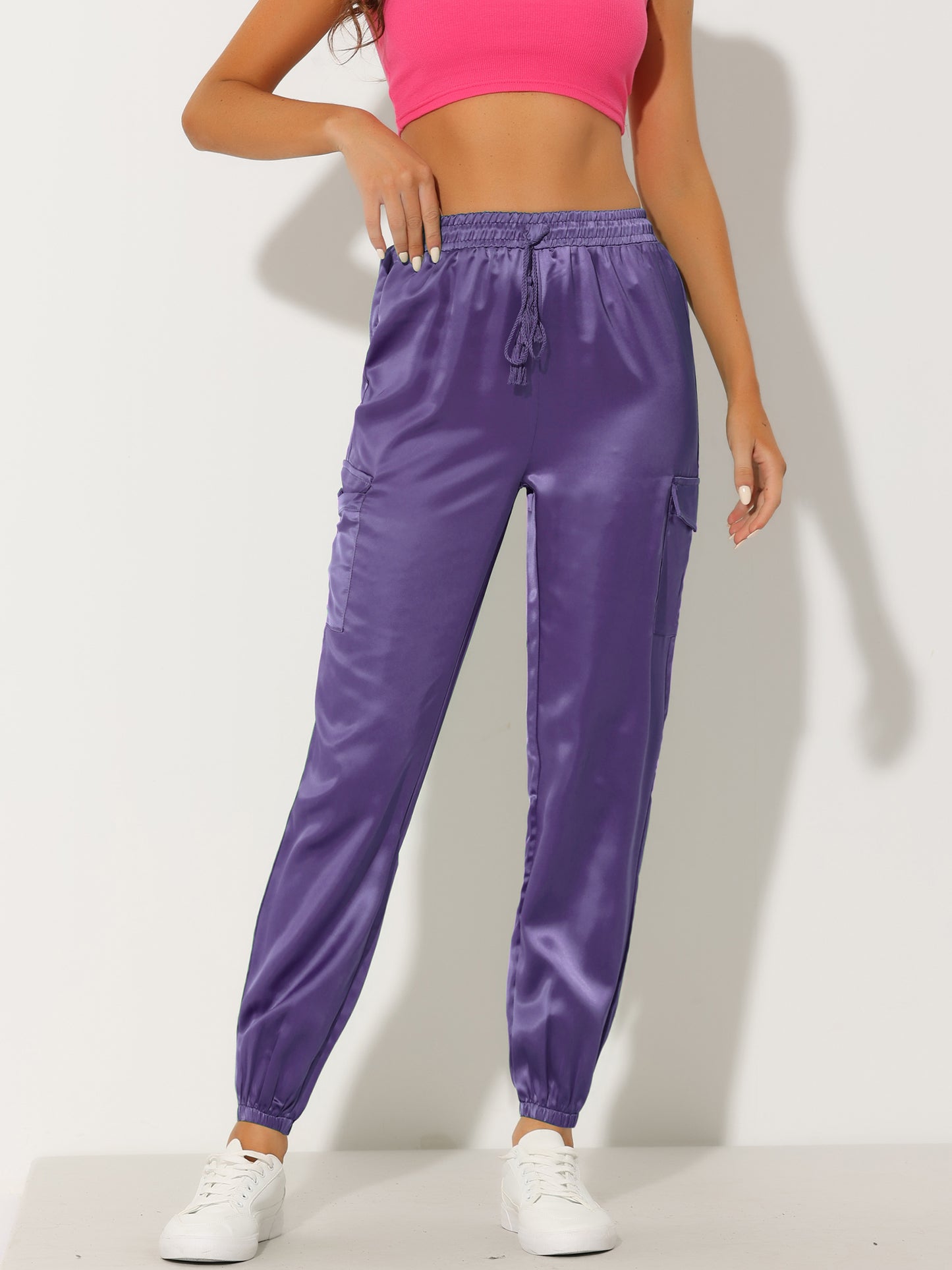 Women's Satin Joggers Drawstring Elastic Athleisure Pants High Waist Shiny Silky Satin Cargo Pants