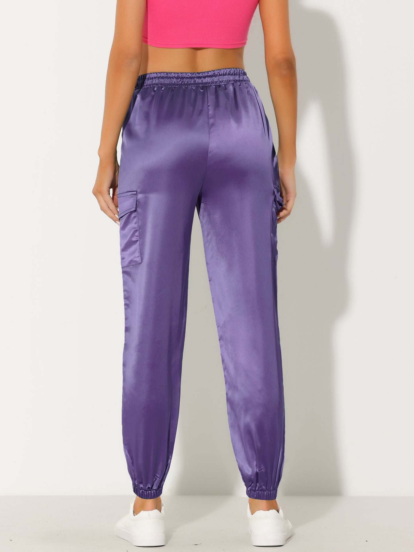 Women's Satin Joggers Drawstring Elastic Athleisure Pants High Waist Shiny Silky Satin Cargo Pants