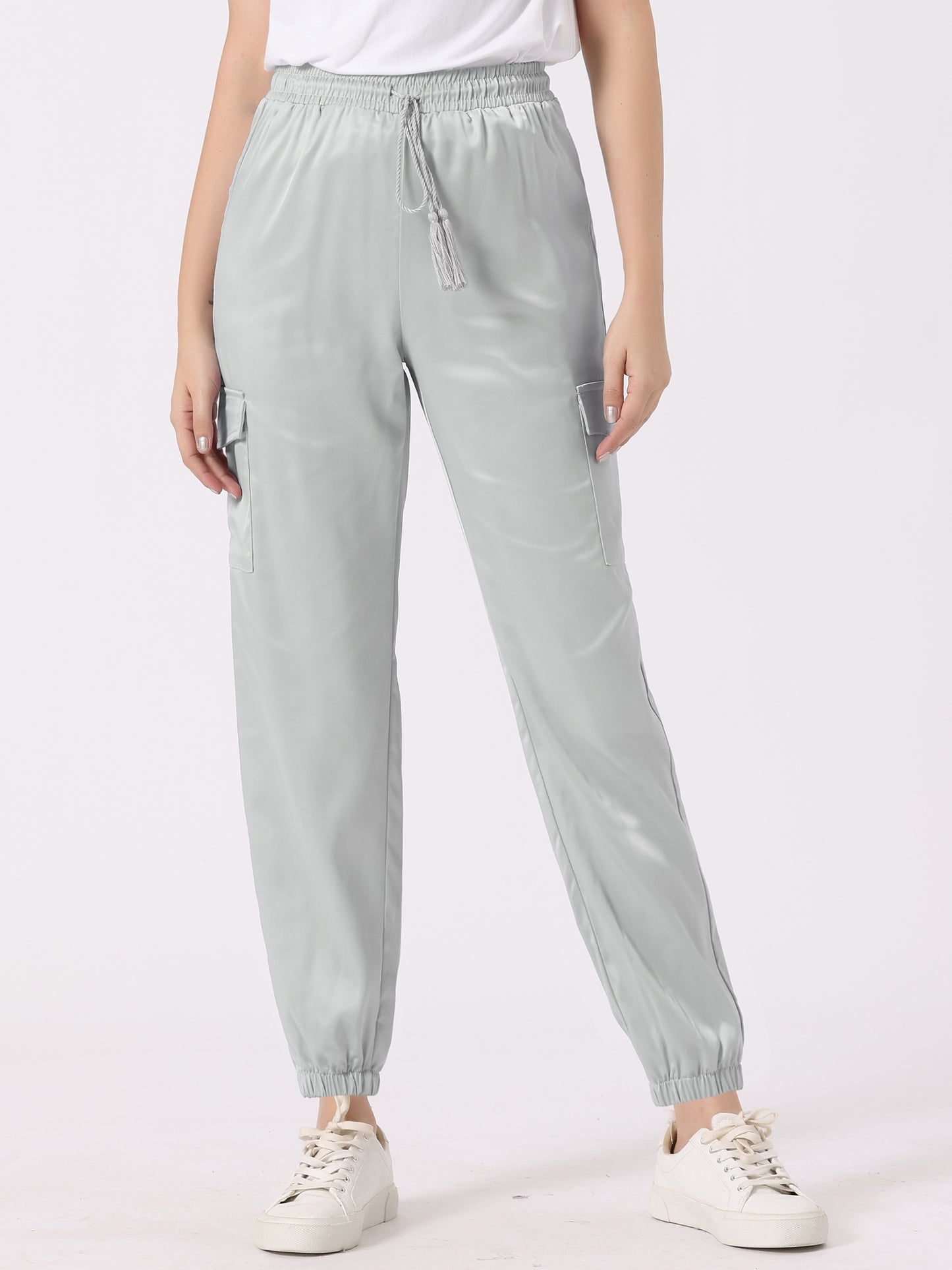 Women's Satin Joggers Drawstring Elastic Athleisure Pants High Waist Shiny Silky Satin Cargo Pants