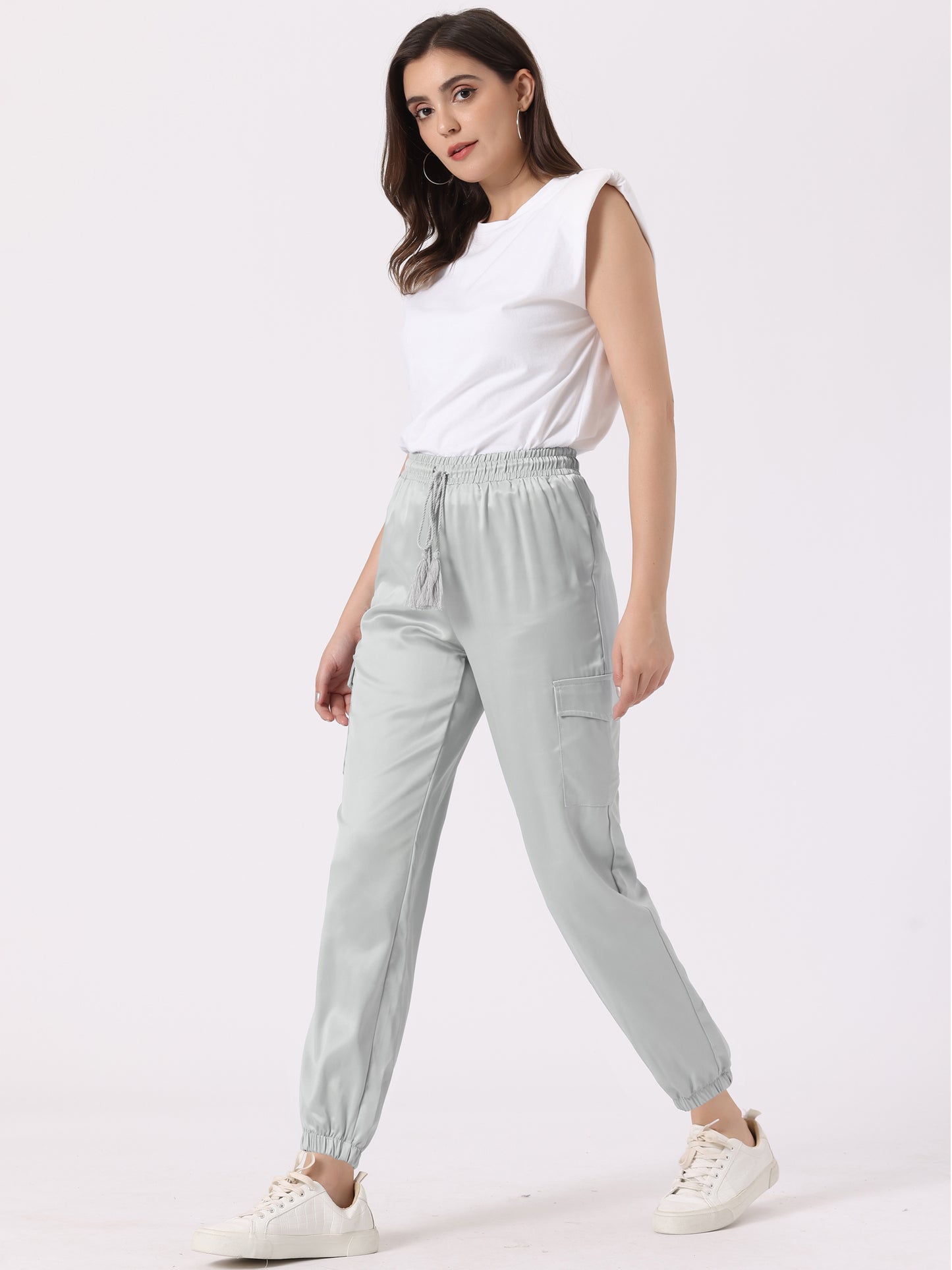 Women's Satin Joggers Drawstring Elastic Athleisure Pants High Waist Shiny Silky Satin Cargo Pants