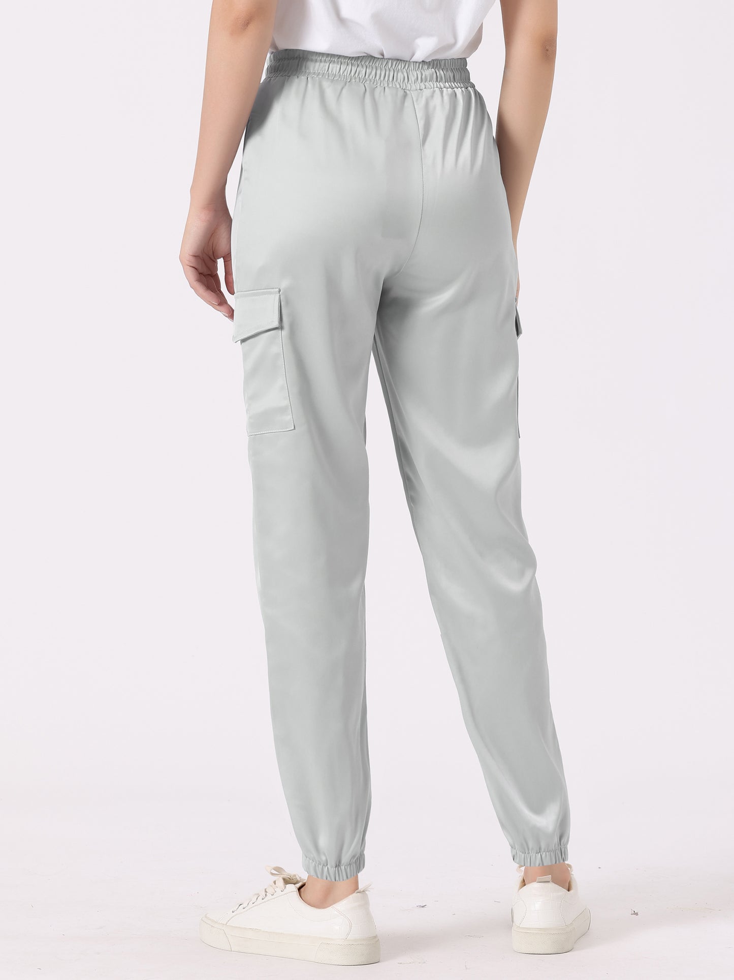 Women's Satin Joggers Drawstring Elastic Athleisure Pants High Waist Shiny Silky Satin Cargo Pants