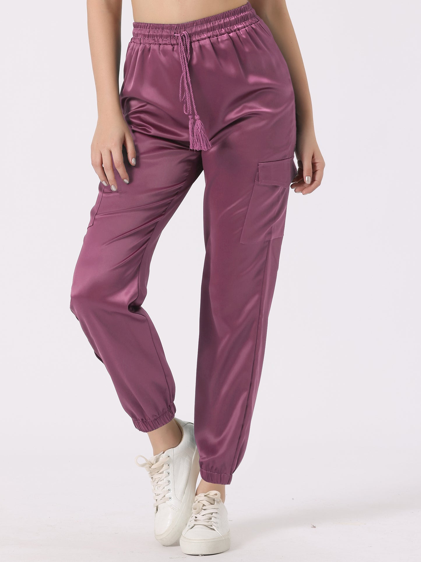 Women's Satin Joggers Drawstring Elastic Athleisure Pants High Waist Shiny Silky Satin Cargo Pants