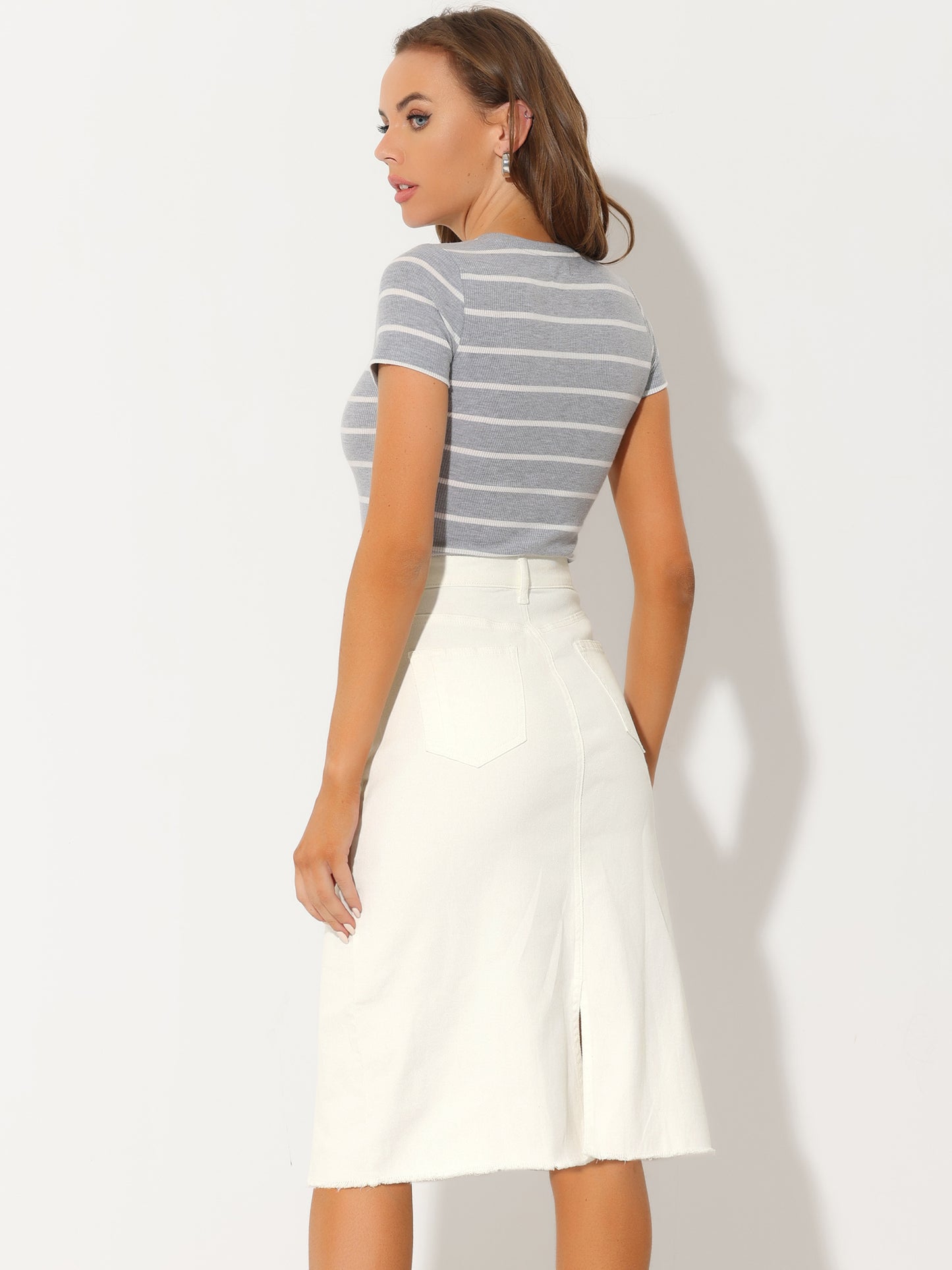Women's Casual Jean Skirt High Waist Back Slit Stretch Denim Skirt (Available in Plus Size)