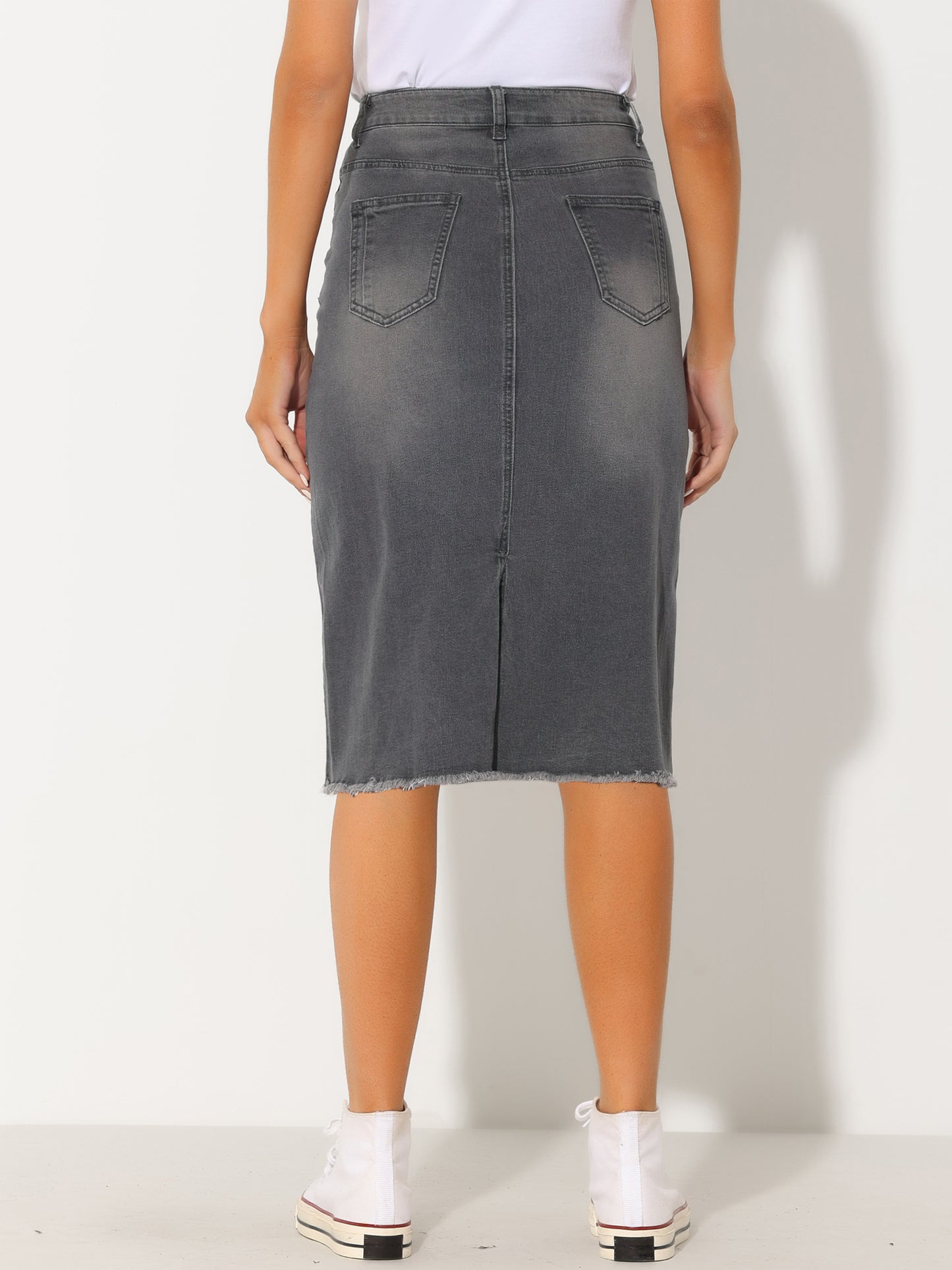 Women's Casual Jean Skirt High Waist Back Slit Stretch Denim Skirt (Available in Plus Size)