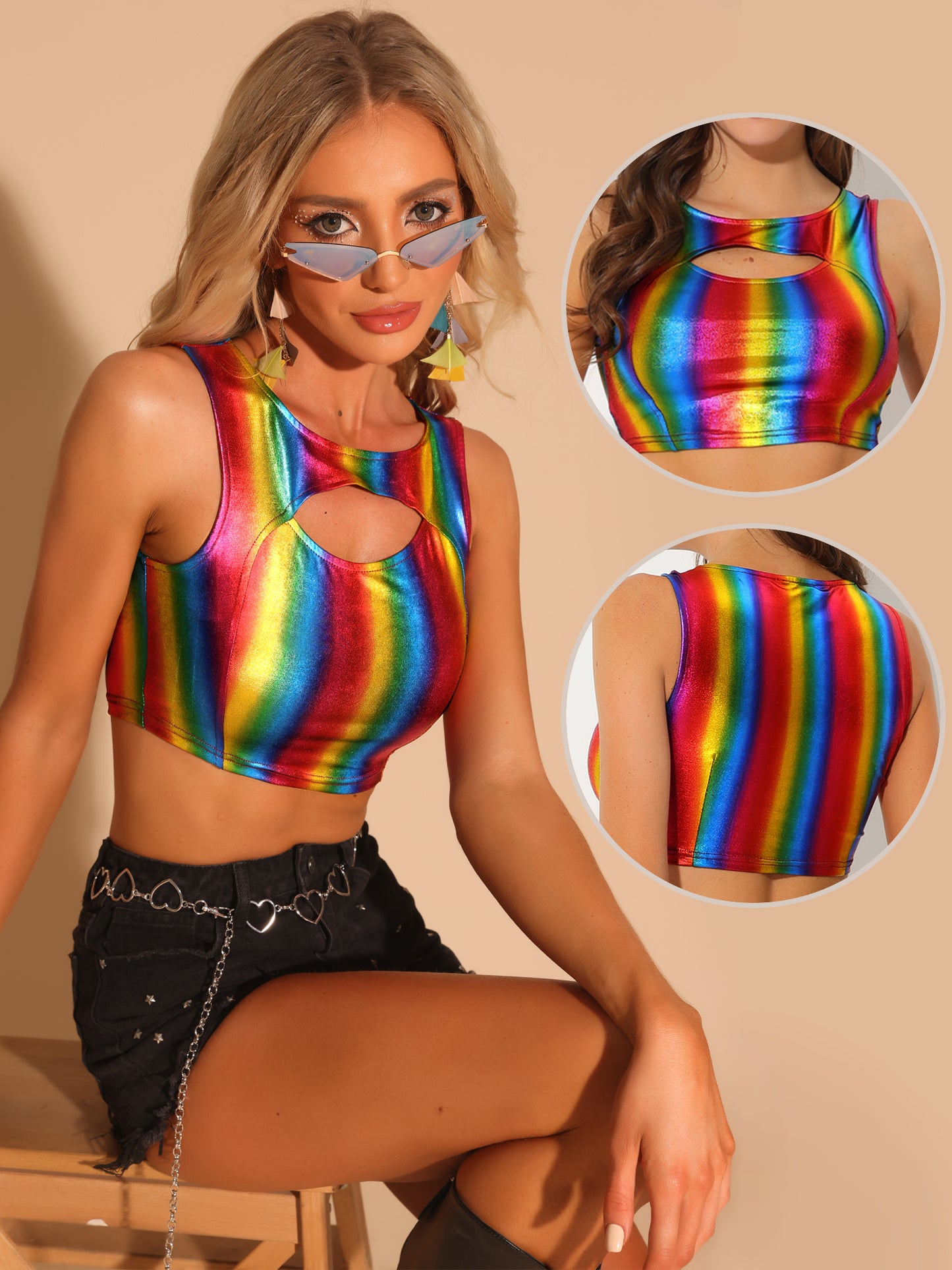 Women's Sleeveless Cut Out Party Clubwear Holographic Tank Metallic Crop Top
