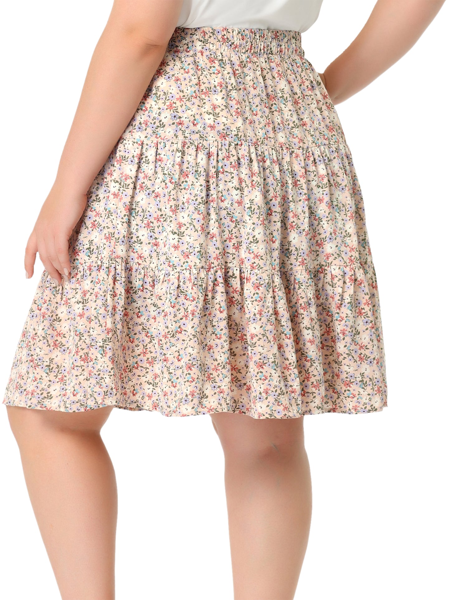Women's Plus Size Summer Floral A-Line Stretch High Waist Tiered Skirt
