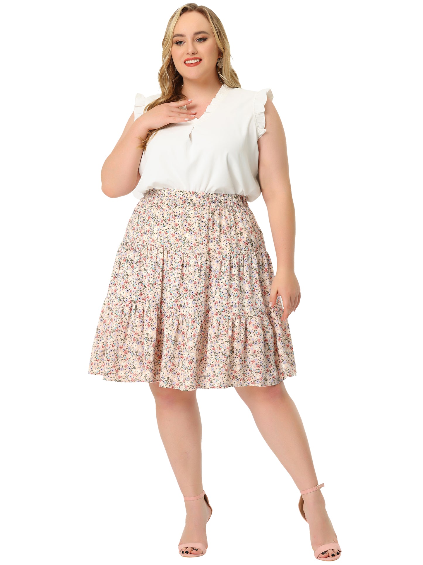 Women's Plus Size Summer Floral A-Line Stretch High Waist Tiered Skirt