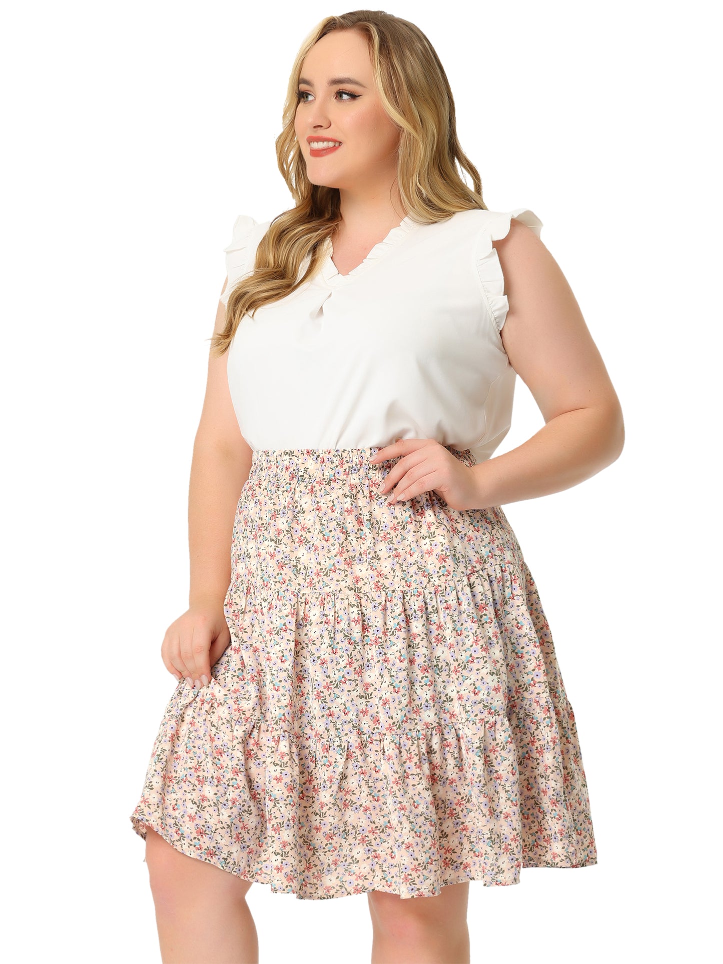 Women's Plus Size Summer Floral A-Line Stretch High Waist Tiered Skirt