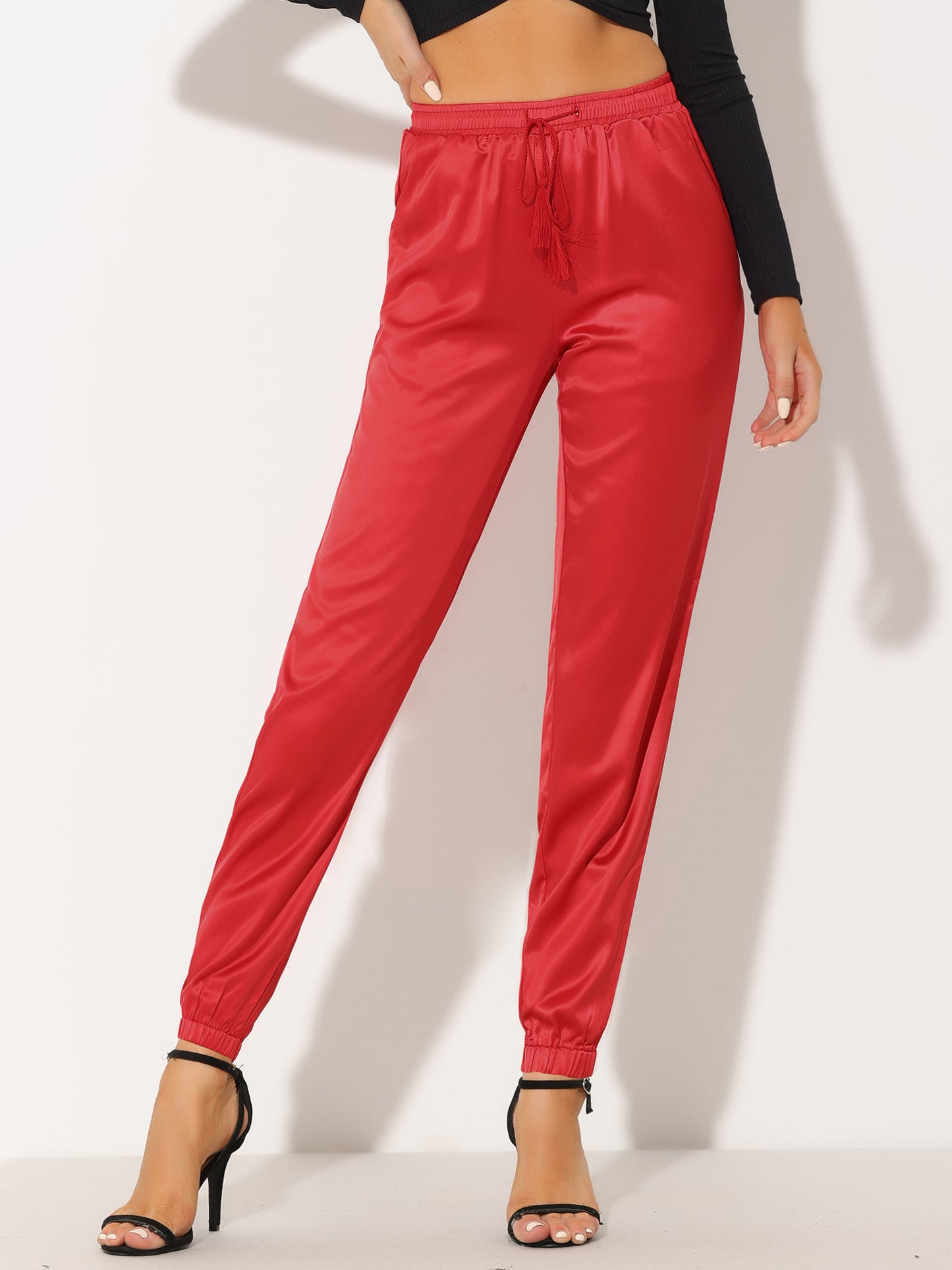 Women's Drawstring Elastic Waist Athleisure Pants Casual Ankle Length Satin Joggers with Pocket