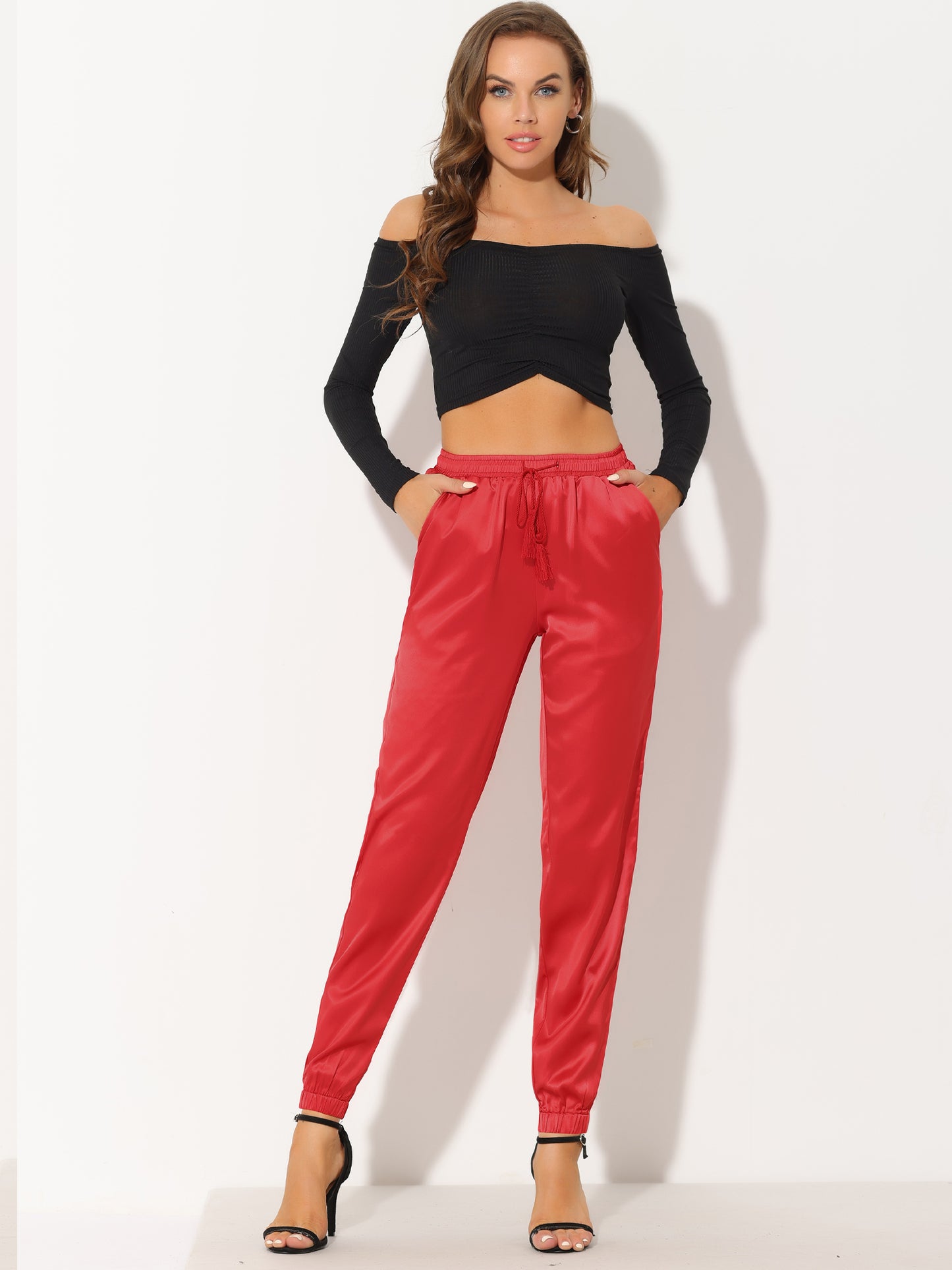 Women's Drawstring Elastic Waist Athleisure Pants Casual Ankle Length Satin Joggers with Pocket