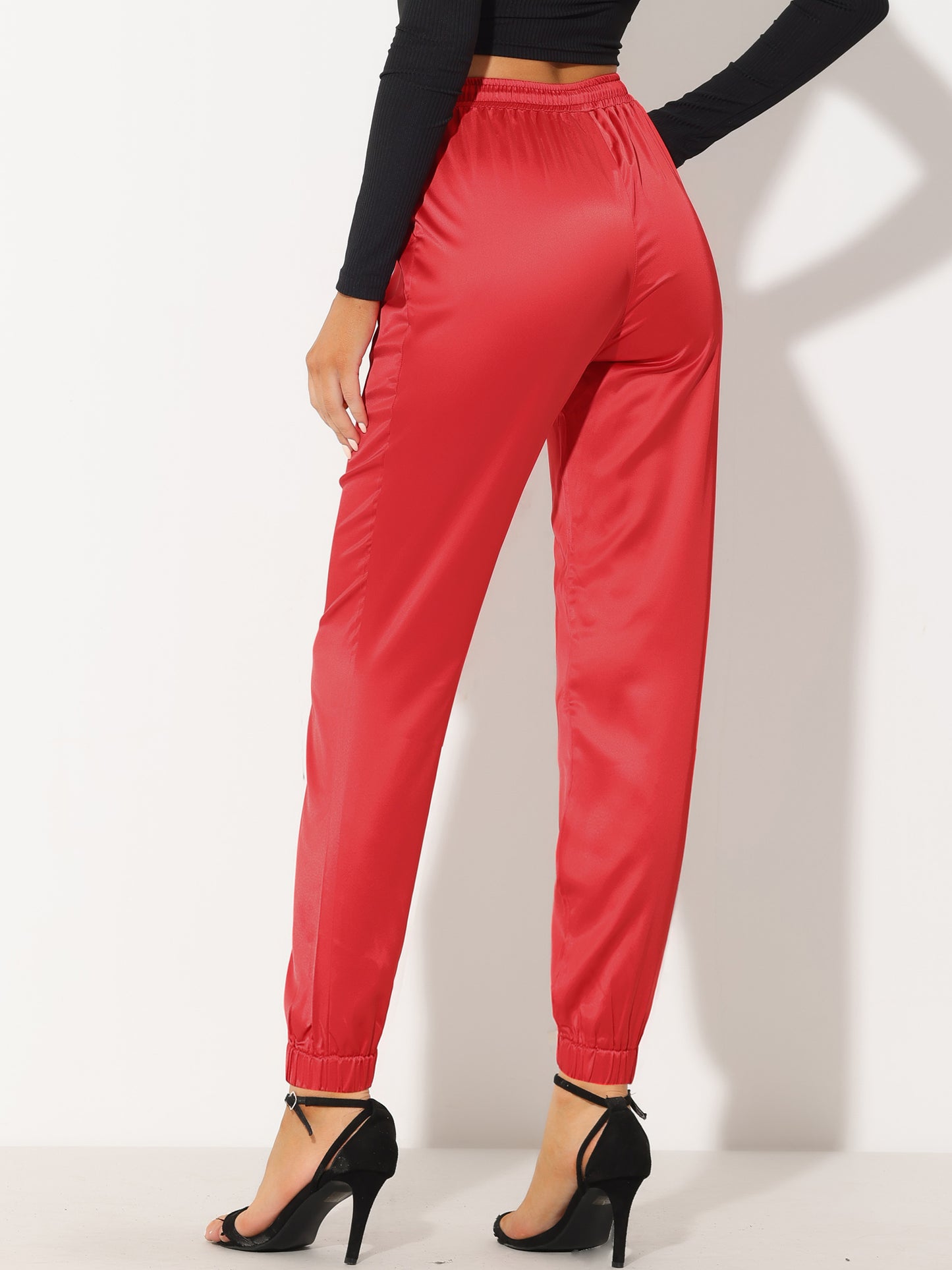 Women's Drawstring Elastic Waist Athleisure Pants Casual Ankle Length Satin Joggers with Pocket