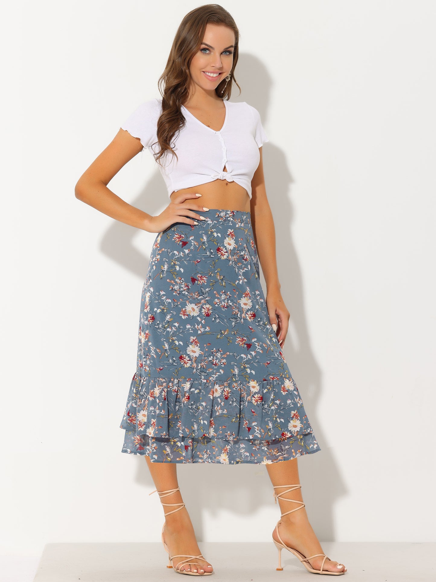 Women's Printed Skirt Summer Chiffon Ruffle Tiered Flowy Midi Skirt