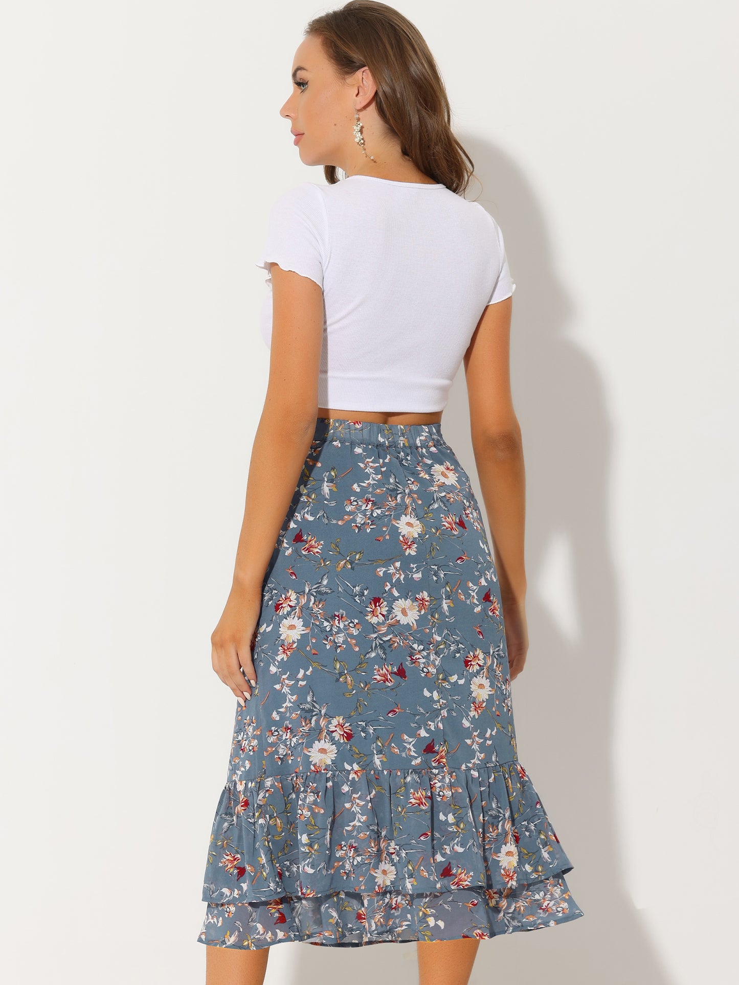 Women's Printed Skirt Summer Chiffon Ruffle Tiered Flowy Midi Skirt