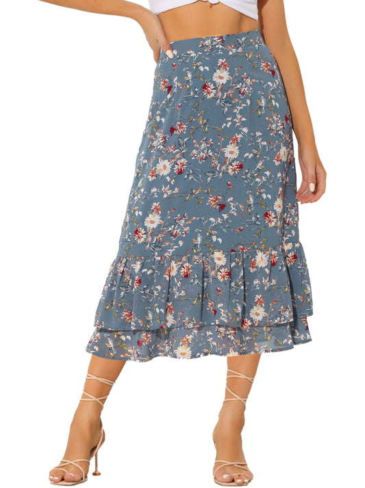 Women's Printed Skirt Summer Chiffon Ruffle Tiered Flowy Midi Skirt