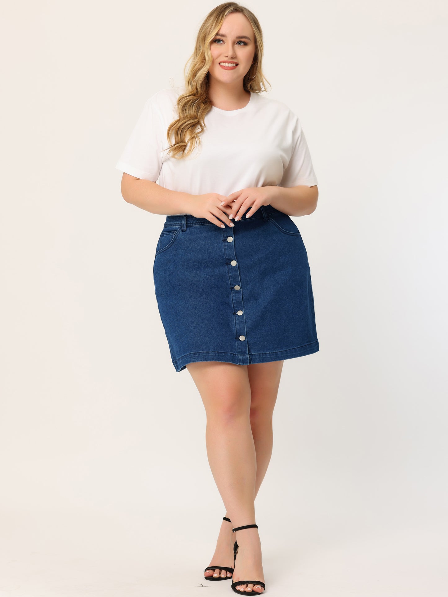 Falda vaquera de talla grande para mujer, minifalda vaquera informal de verano con botones y bolsillos laterales, corte A