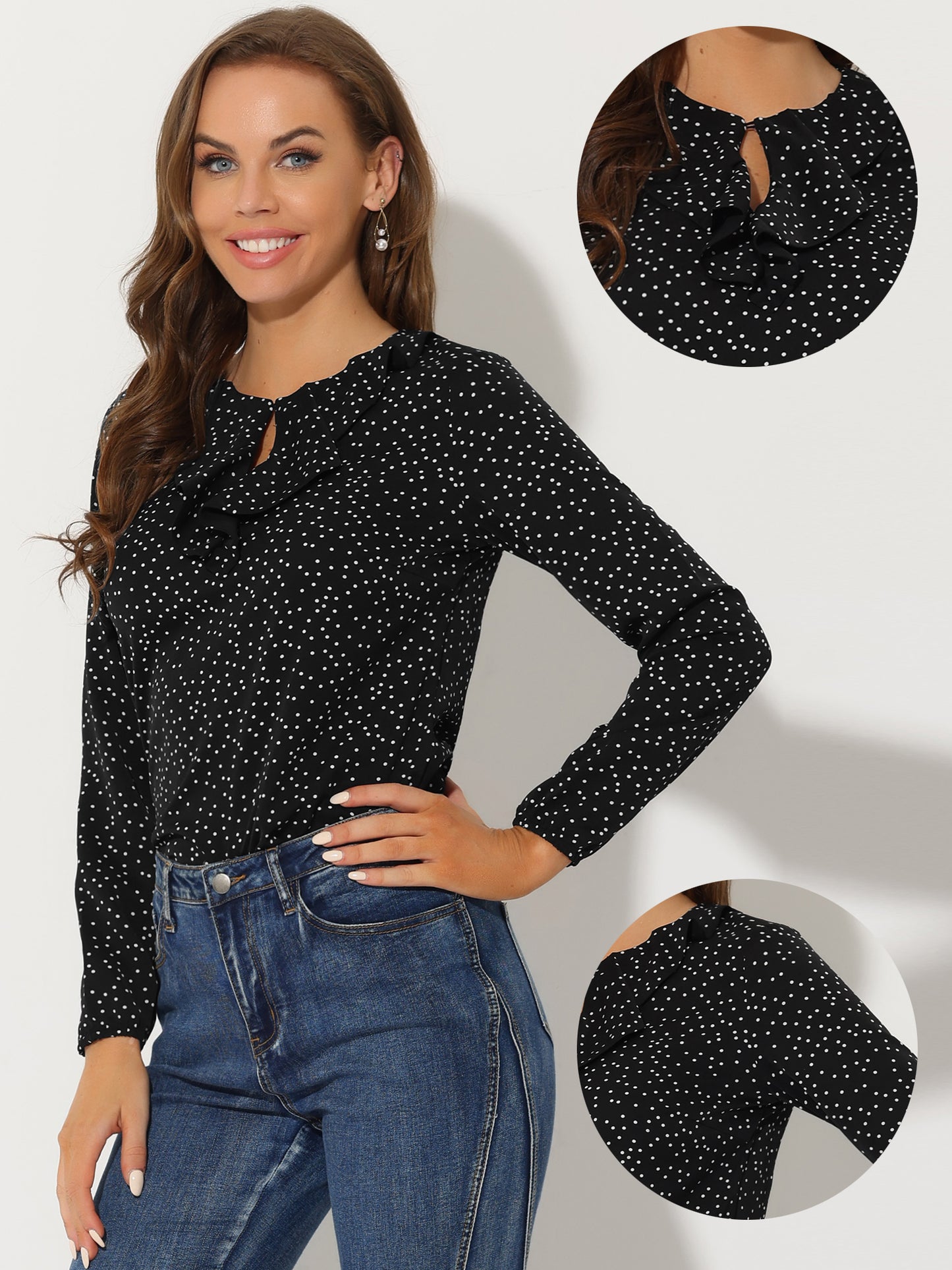 Women's Ruffle Neck Chiffon Top Long Sleeve Casual Office Blouse