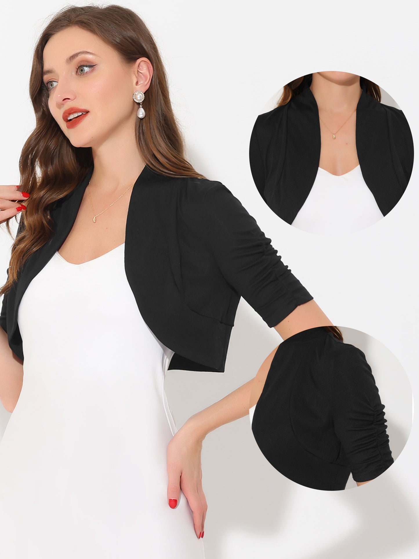 Women's Short Sleeve Shrugs Ruched Sleeve Open Front Cropped Bolero Cardigan