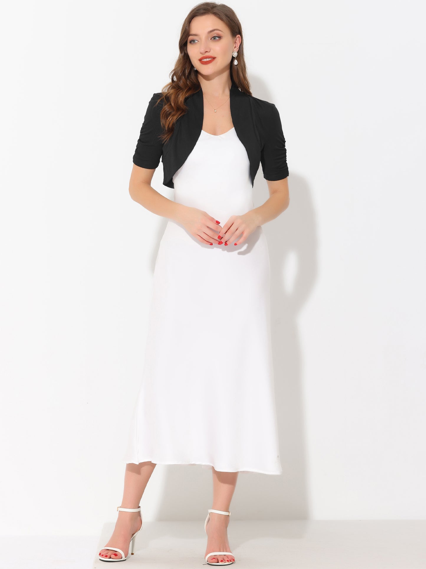 Women's Short Sleeve Shrugs Ruched Sleeve Open Front Cropped Bolero Cardigan