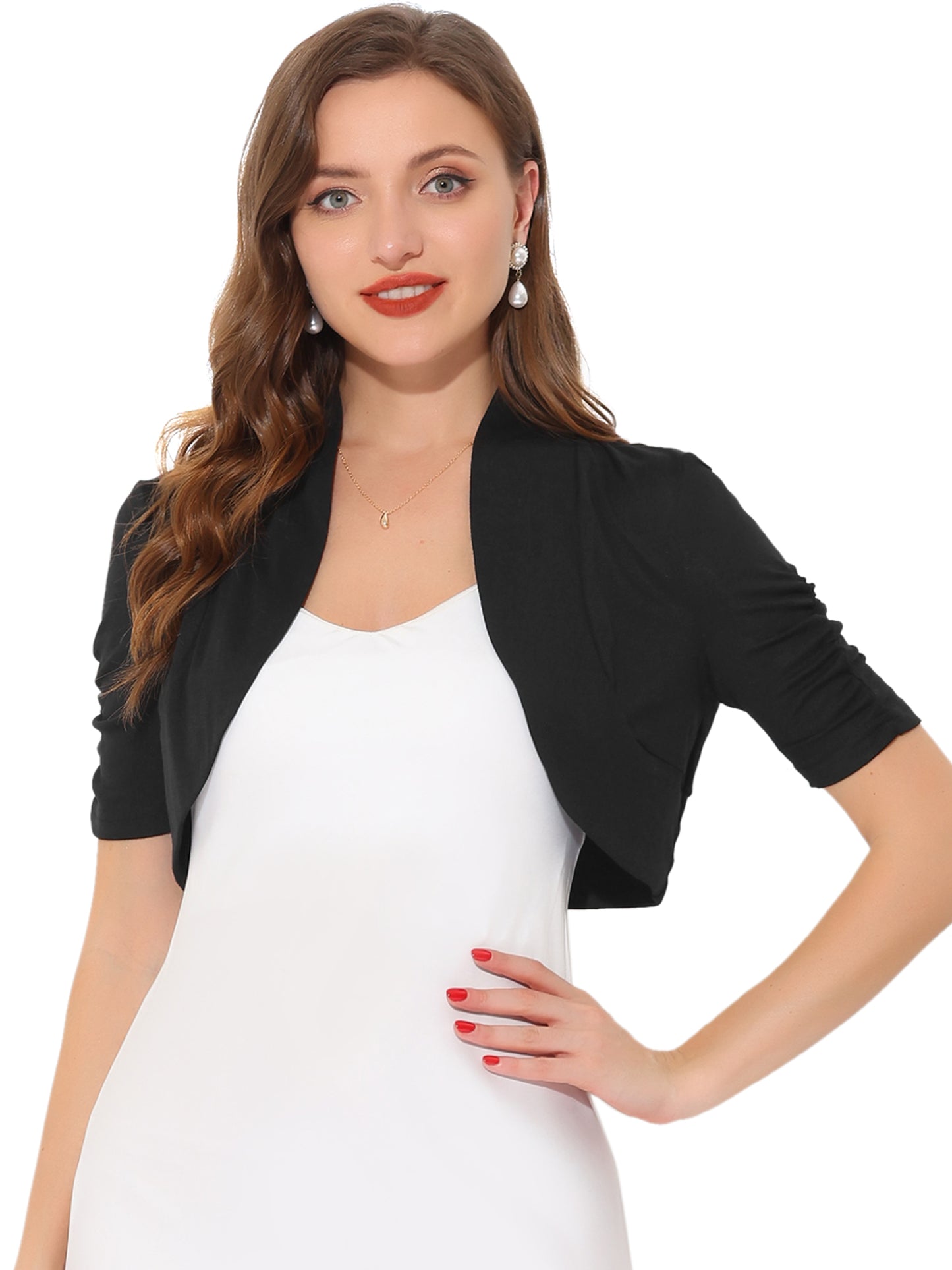 Women's Short Sleeve Shrugs Ruched Sleeve Open Front Cropped Bolero Cardigan